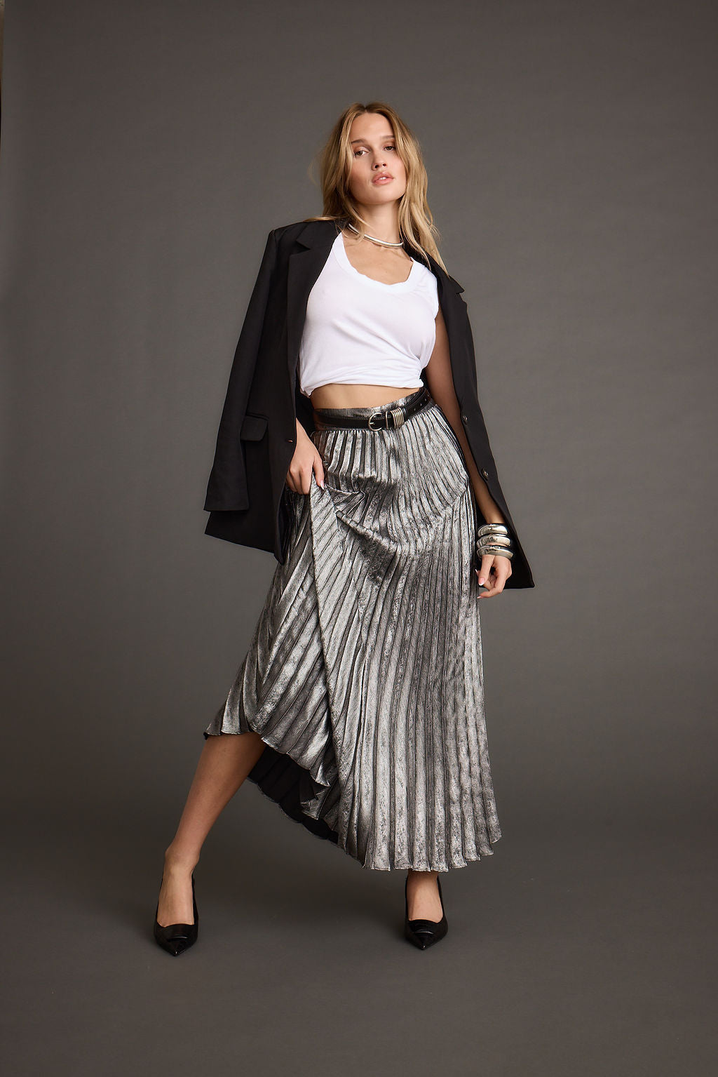 Electric Love Füme Metalik Pileli Maxi Etek