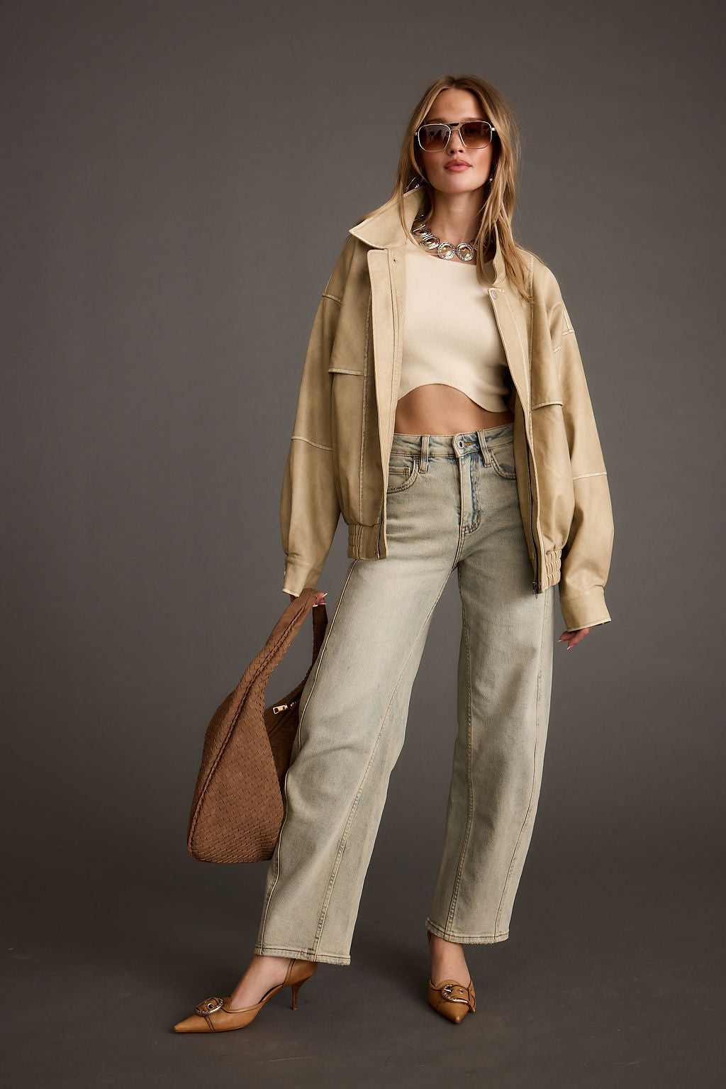 London Calling Açık Vizon Oversize Suni Deri Ceket