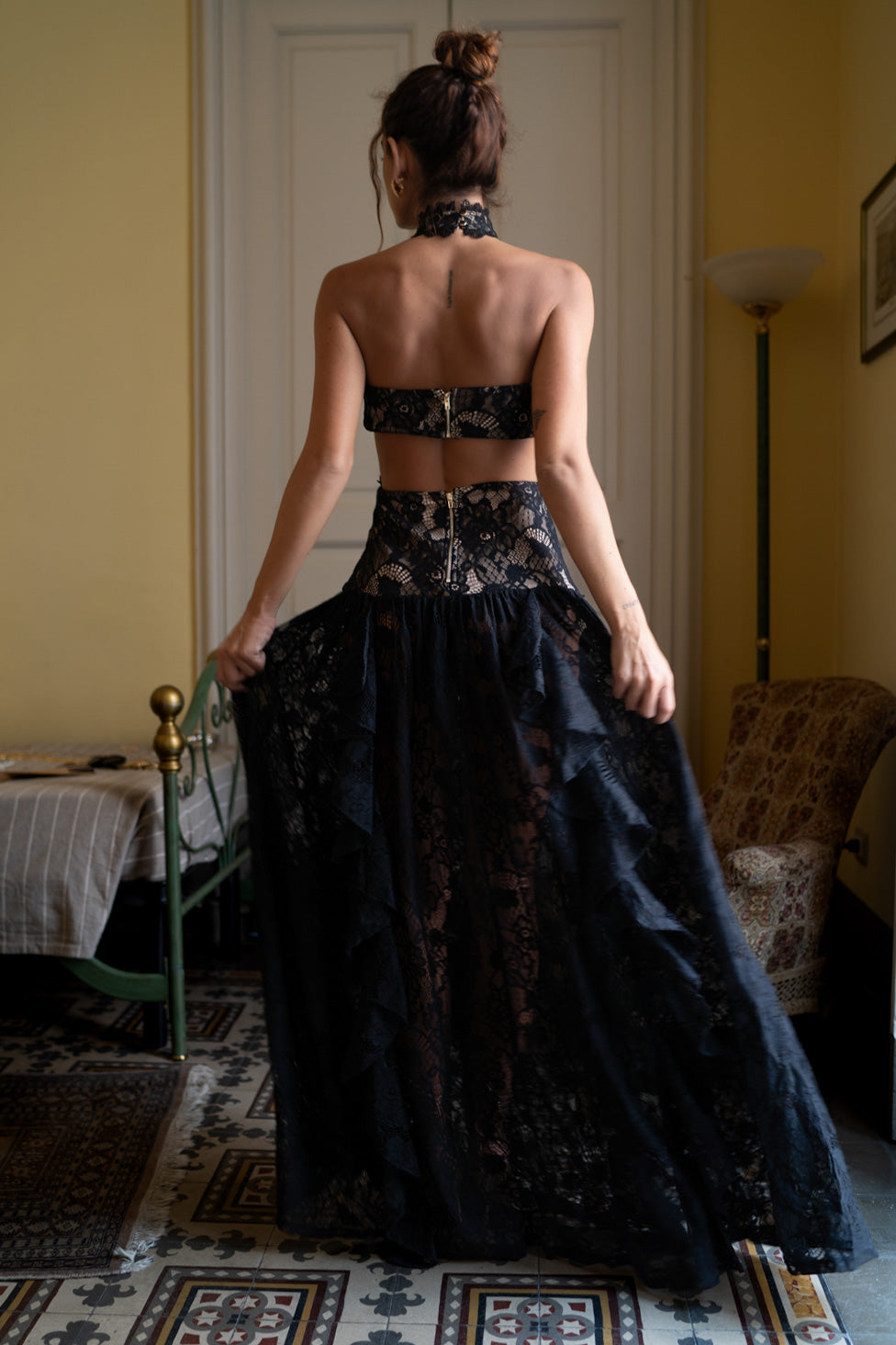 Princesa Siyah Dantelli Düşük Belli Maxi Elbise