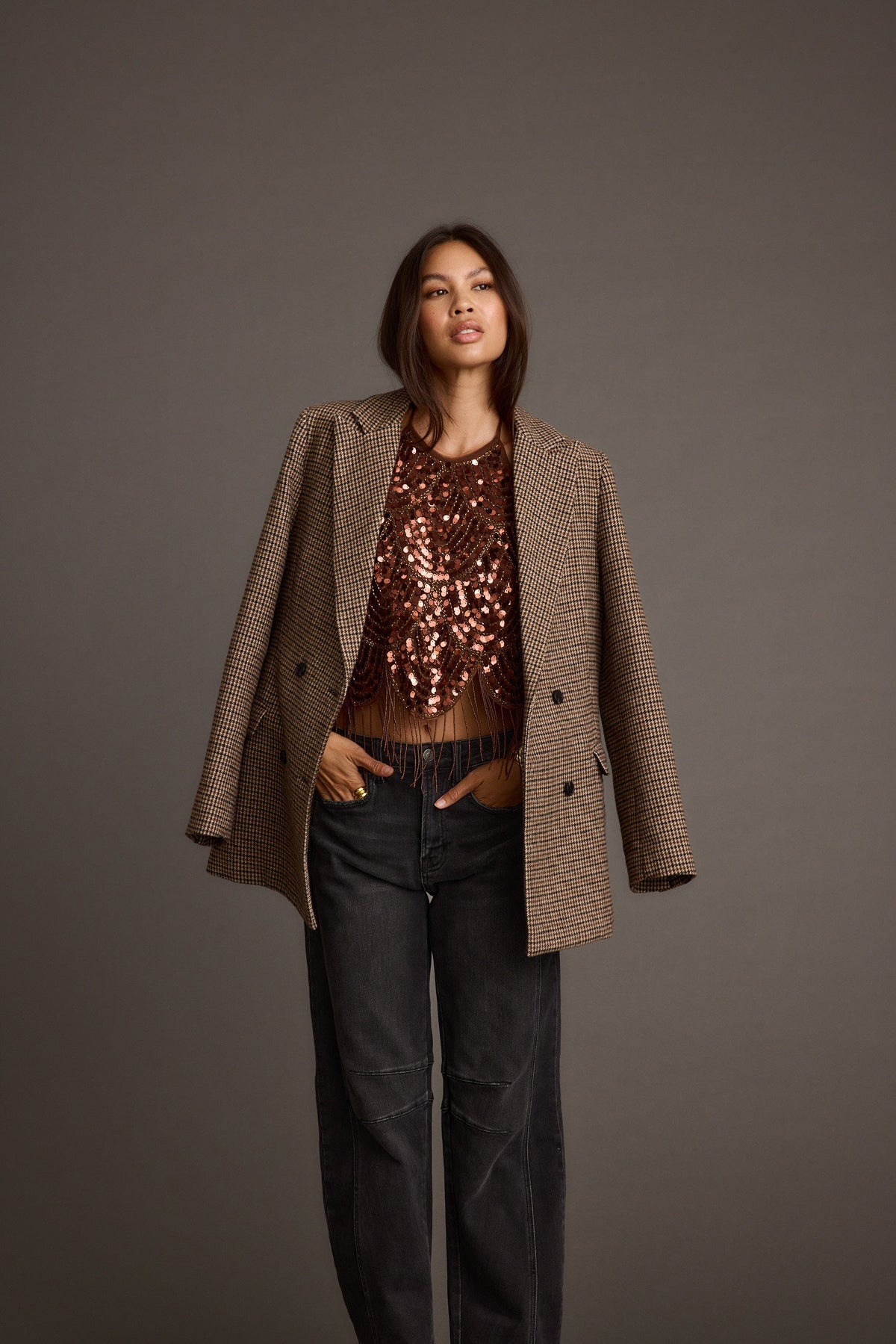 West Village Kahverengi Ekose Blazer Ceket