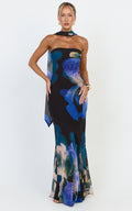 Solara Maxi Elbise - Midnight Resort Orchid Desenli Straplez Verev Kesim Sütun Elbise ve Şal