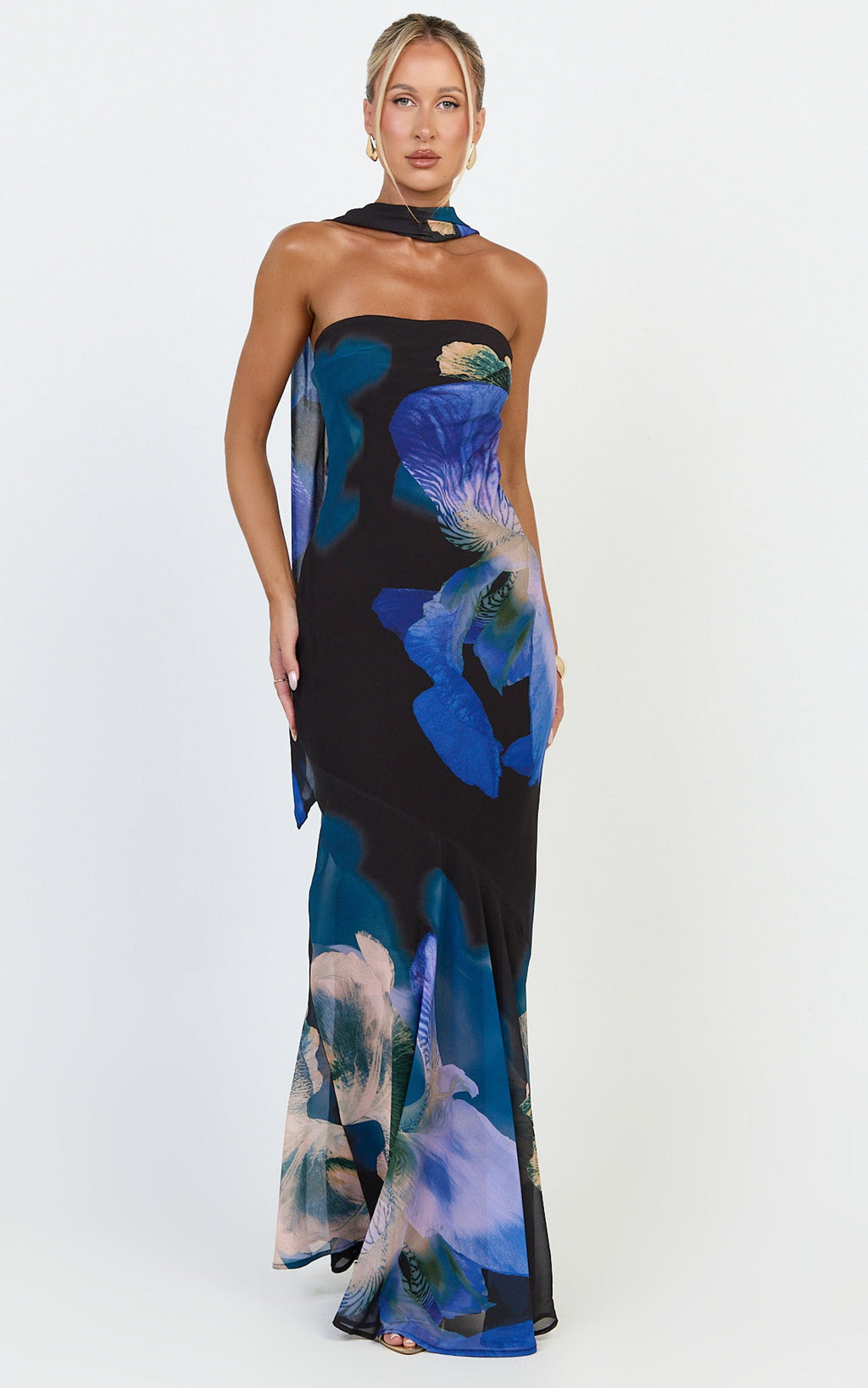 Solara Maxi Elbise - Midnight Resort Orchid Desenli Straplez Verev Kesim Sütun Elbise ve Şal