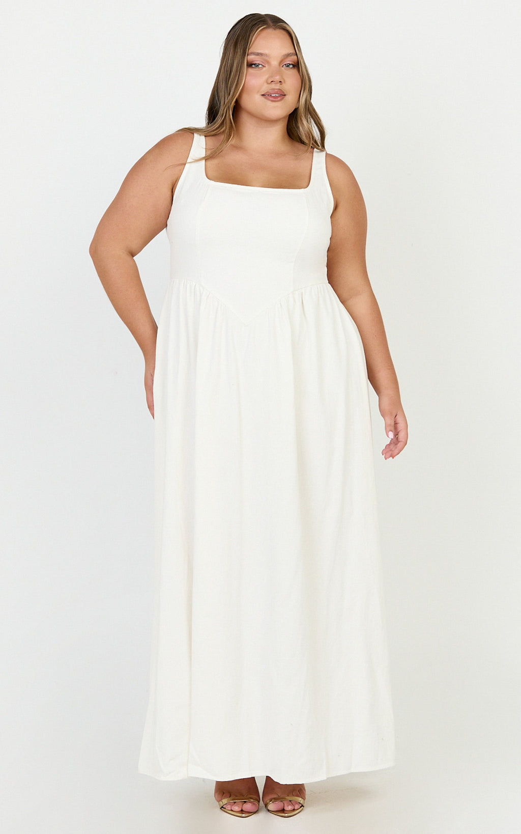 Rhaziya Midi Elbise - Beyaz Kolsuz Düz Yaka Fit & Flare Elbise