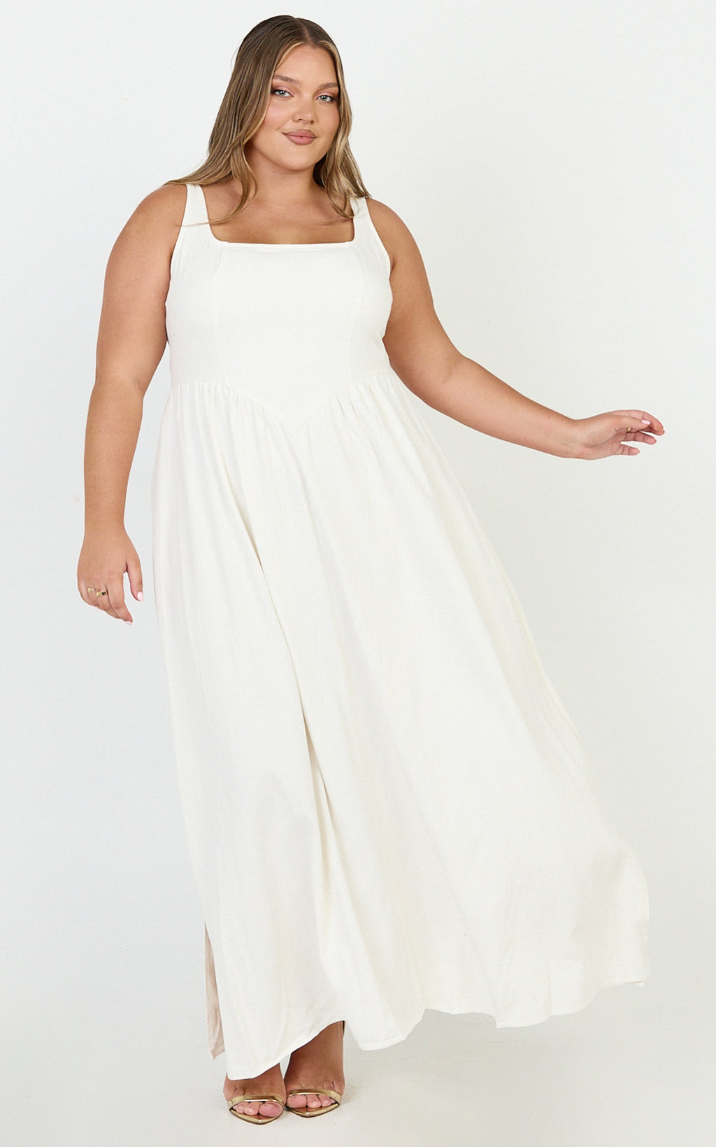 Rhaziya Midi Elbise - Beyaz Kolsuz Düz Yaka Fit & Flare Elbise