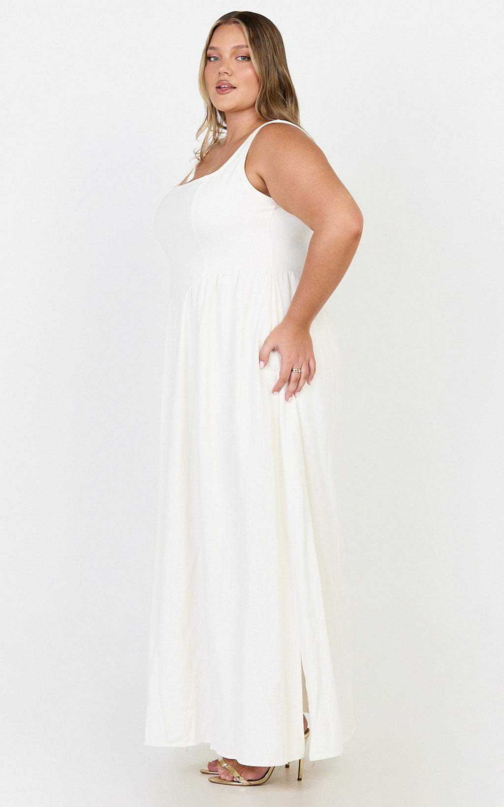 Rhaziya Midi Elbise - Beyaz Kolsuz Düz Yaka Fit & Flare Elbise