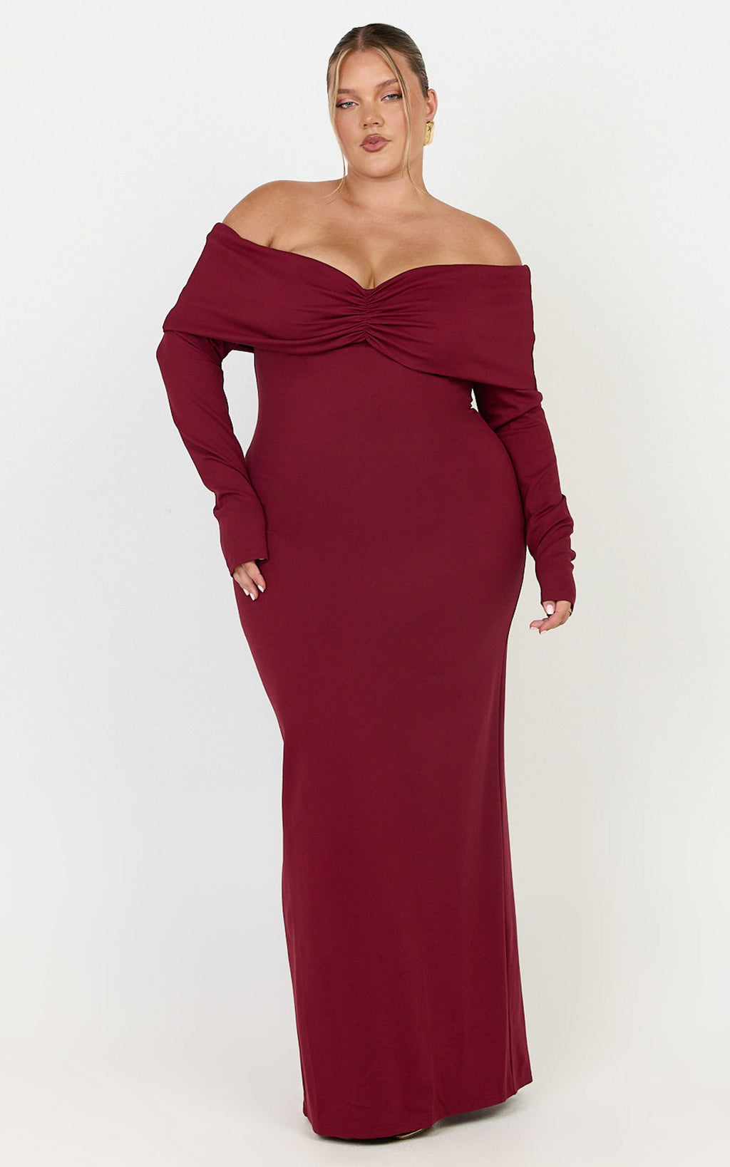 Rani Maxi Elbise - Bordo Omuzları Açık Uzun Kollu Bodycon Elbise
