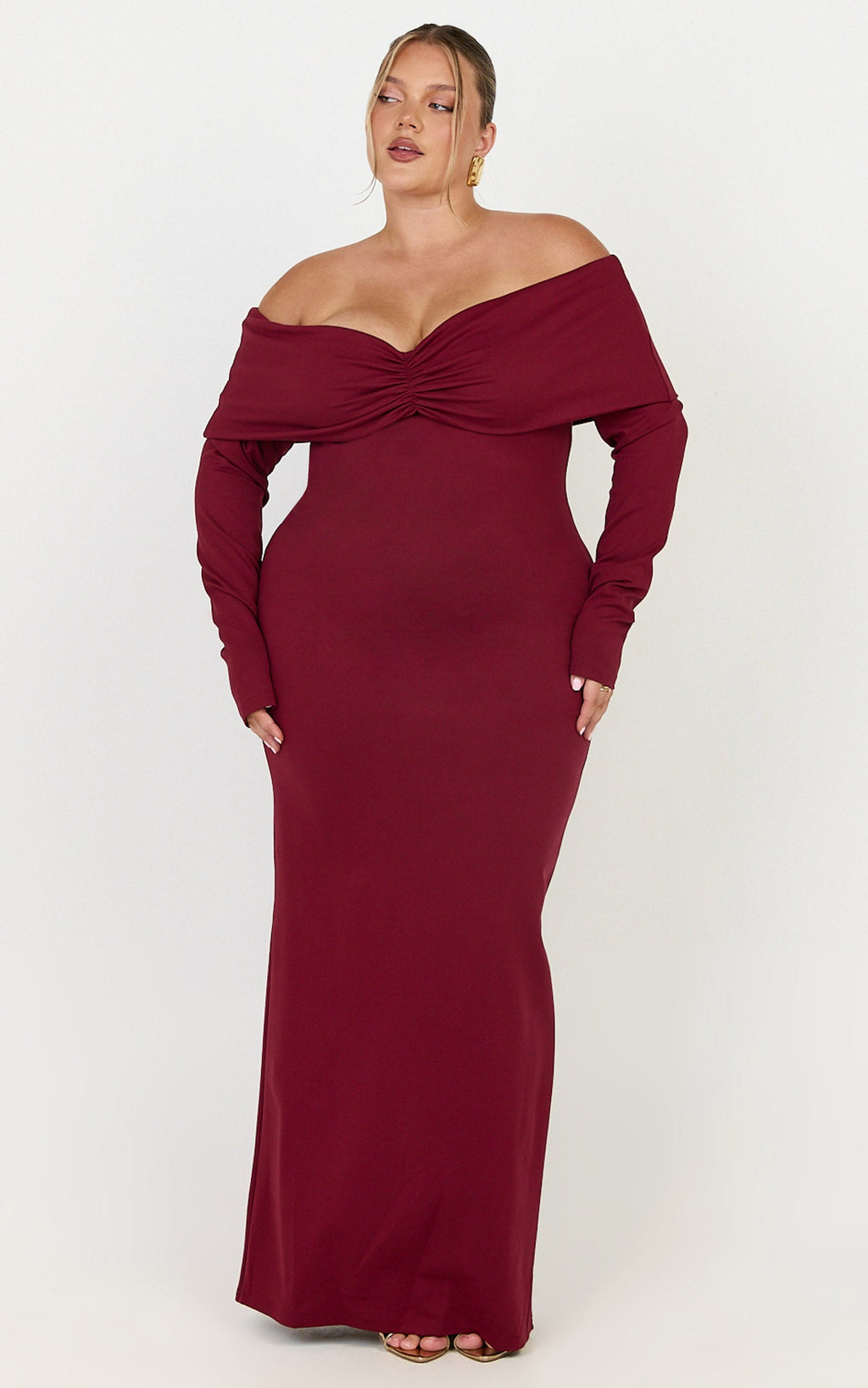 Rani Maxi Elbise - Bordo Omuzları Açık Uzun Kollu Bodycon Elbise