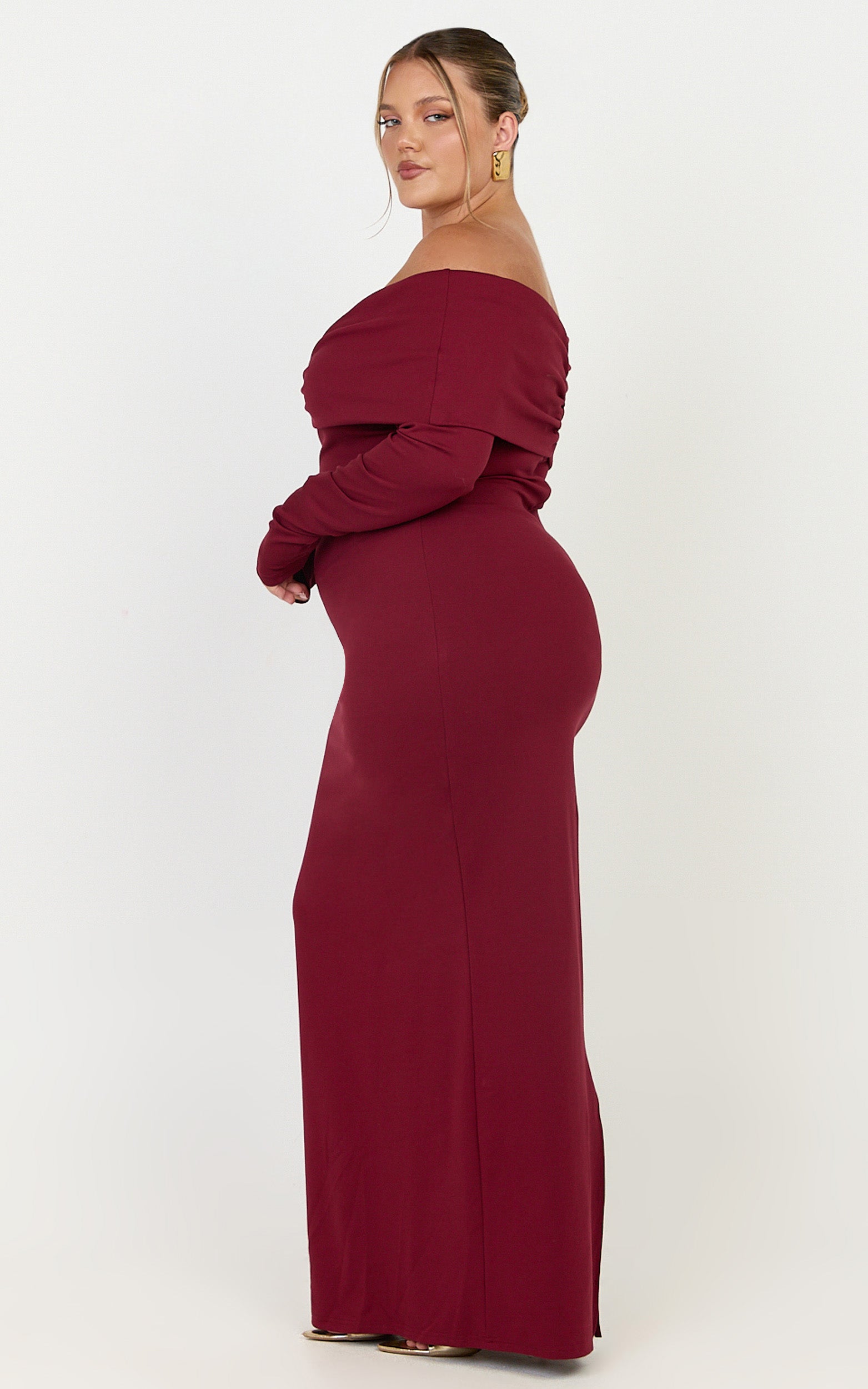 Rani Maxi Elbise - Bordo Omuzları Açık Uzun Kollu Bodycon Elbise