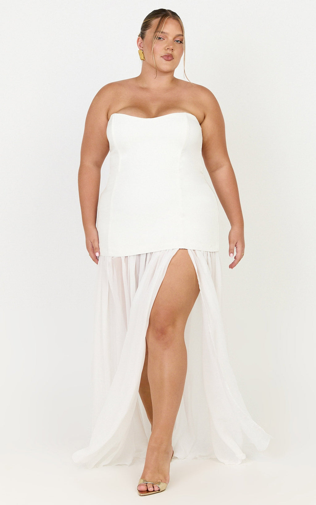 Jocelyn Maxi Elbise - Fildişi Straplez Büzgülü Fit & Flare Elbise