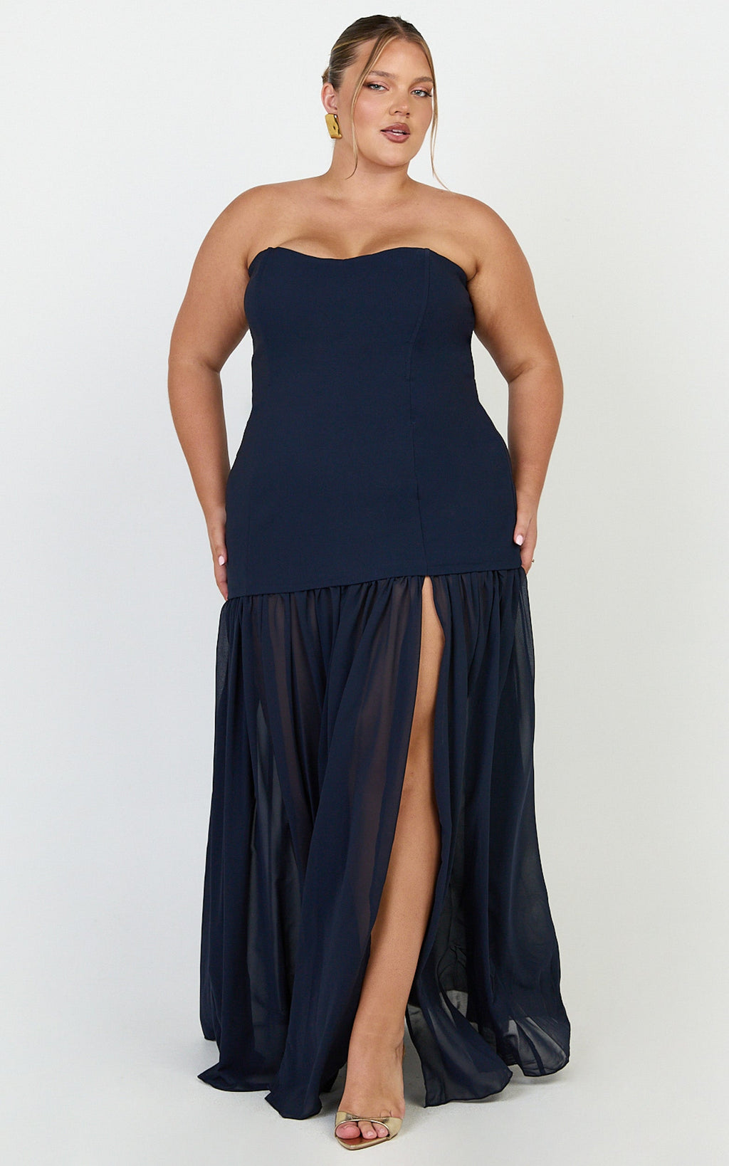 Jocelyn Maxi Elbise - Lacivert Straplez Büzgülü Fit & Flare Elbise