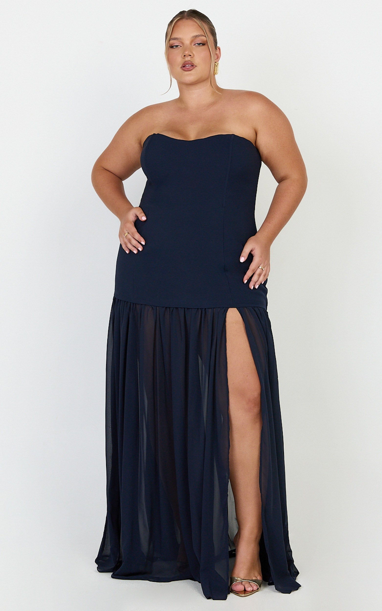 Jocelyn Maxi Elbise - Lacivert Straplez Büzgülü Fit & Flare Elbise