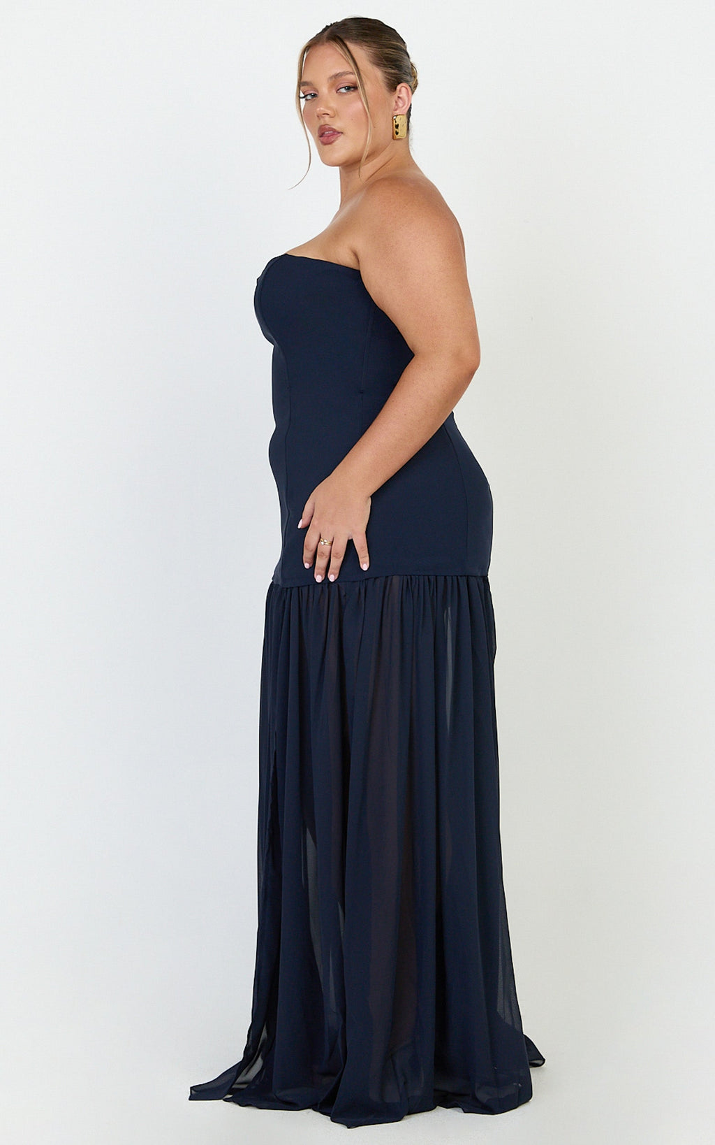 Jocelyn Maxi Elbise - Lacivert Straplez Büzgülü Fit & Flare Elbise