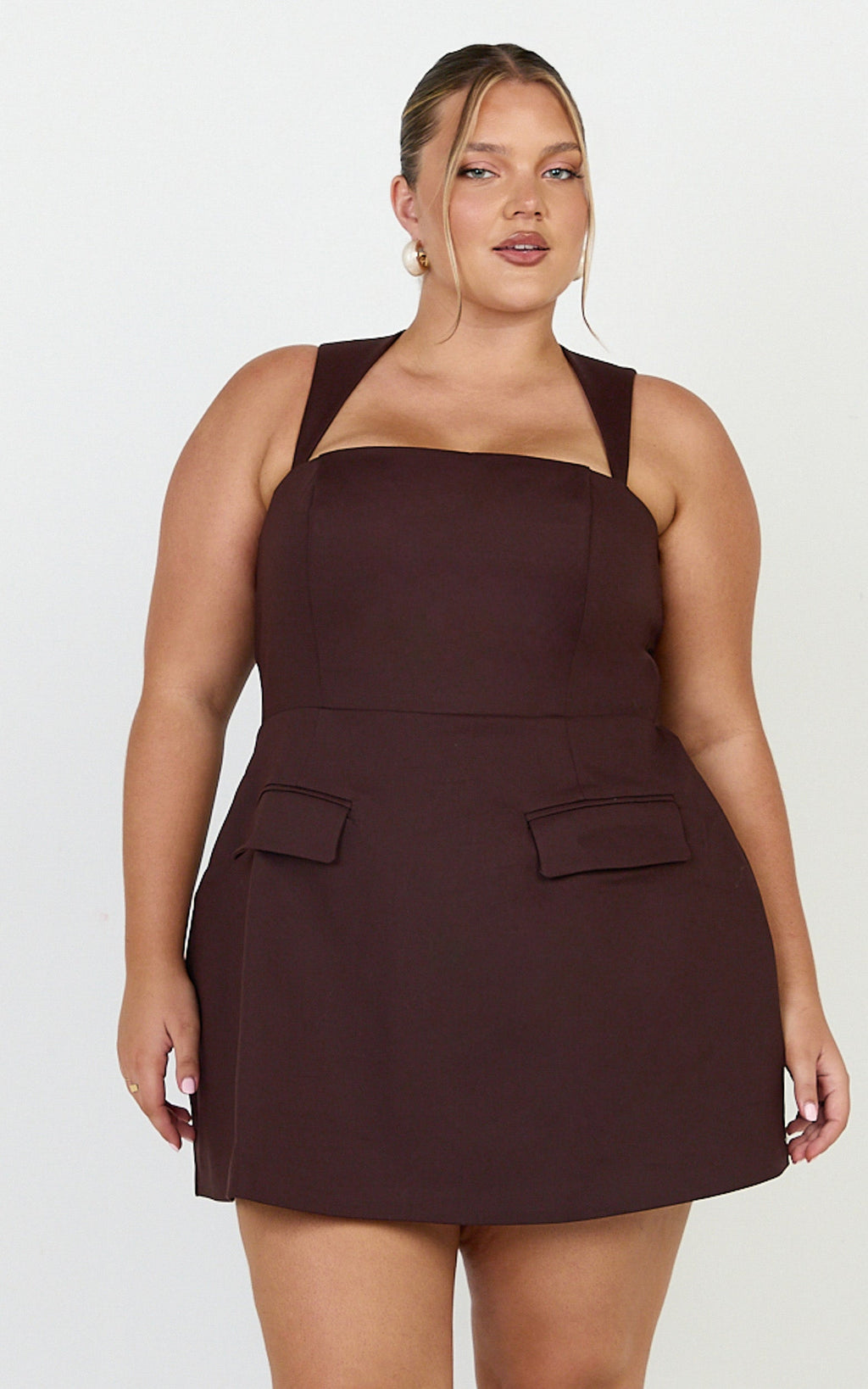 Garrett Mini Elbise - Koyu Çikolata Kare Yaka Fit & Flare Elbise