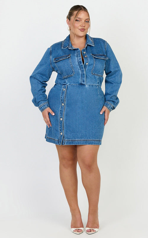 Ainsley Mini Elbise - Orta Mavi Yıkamalı Düğmeli Uzun Kollu Denim Elbise
