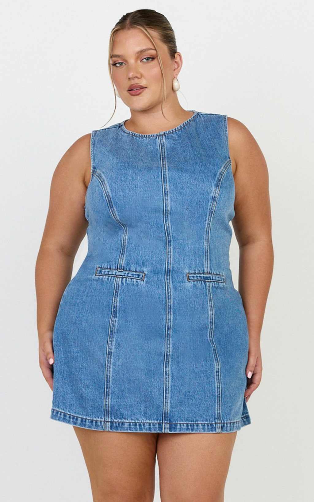 Olenna Mini Elbise - Orta Mavi Yıkamalı Yüksek Yaka Vücuda Oturan Denim Elbise