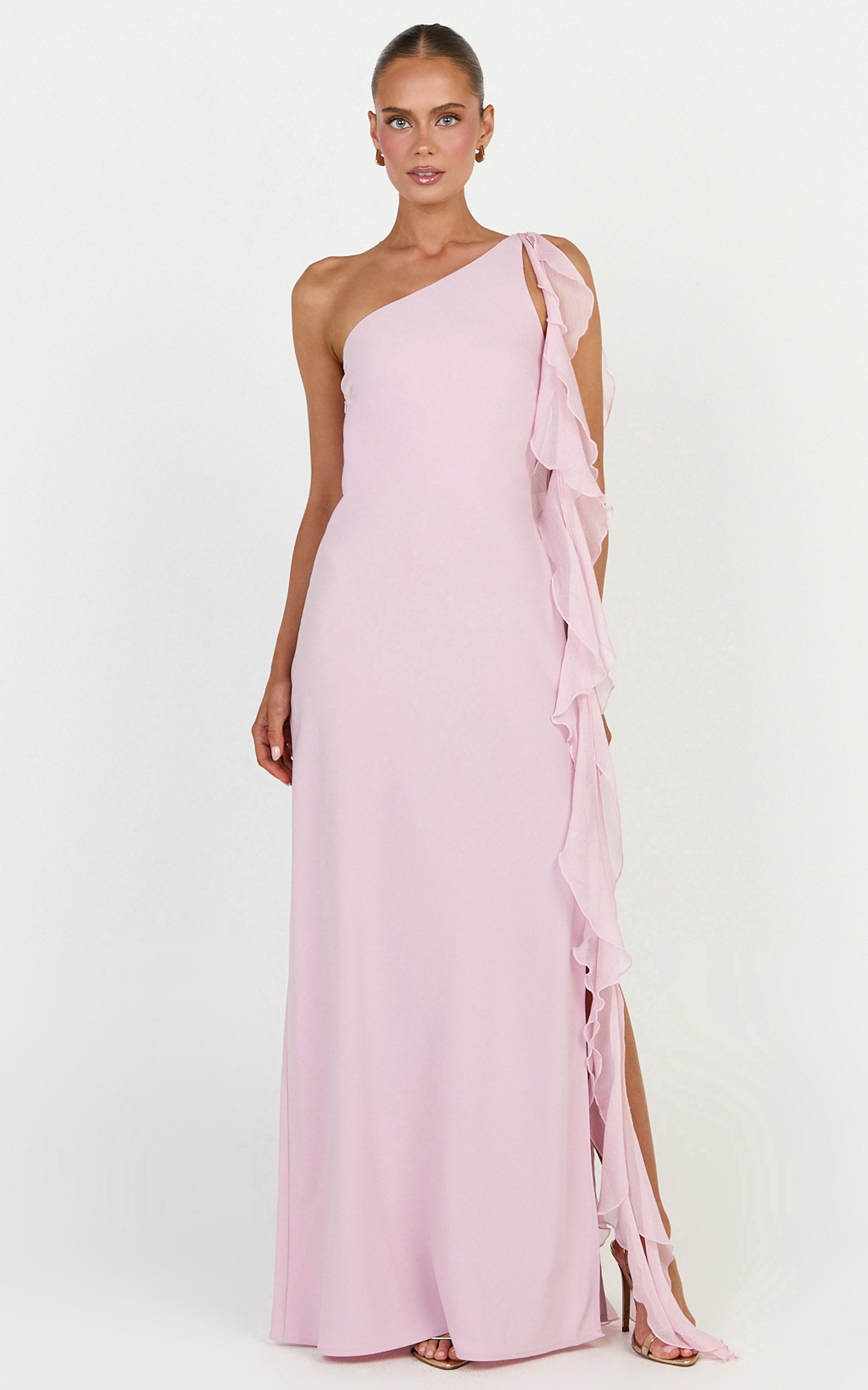Alani Maxi Elbise - Pembe Sırt Dekolteli Tek Omuz Volan Detaylı Elbise