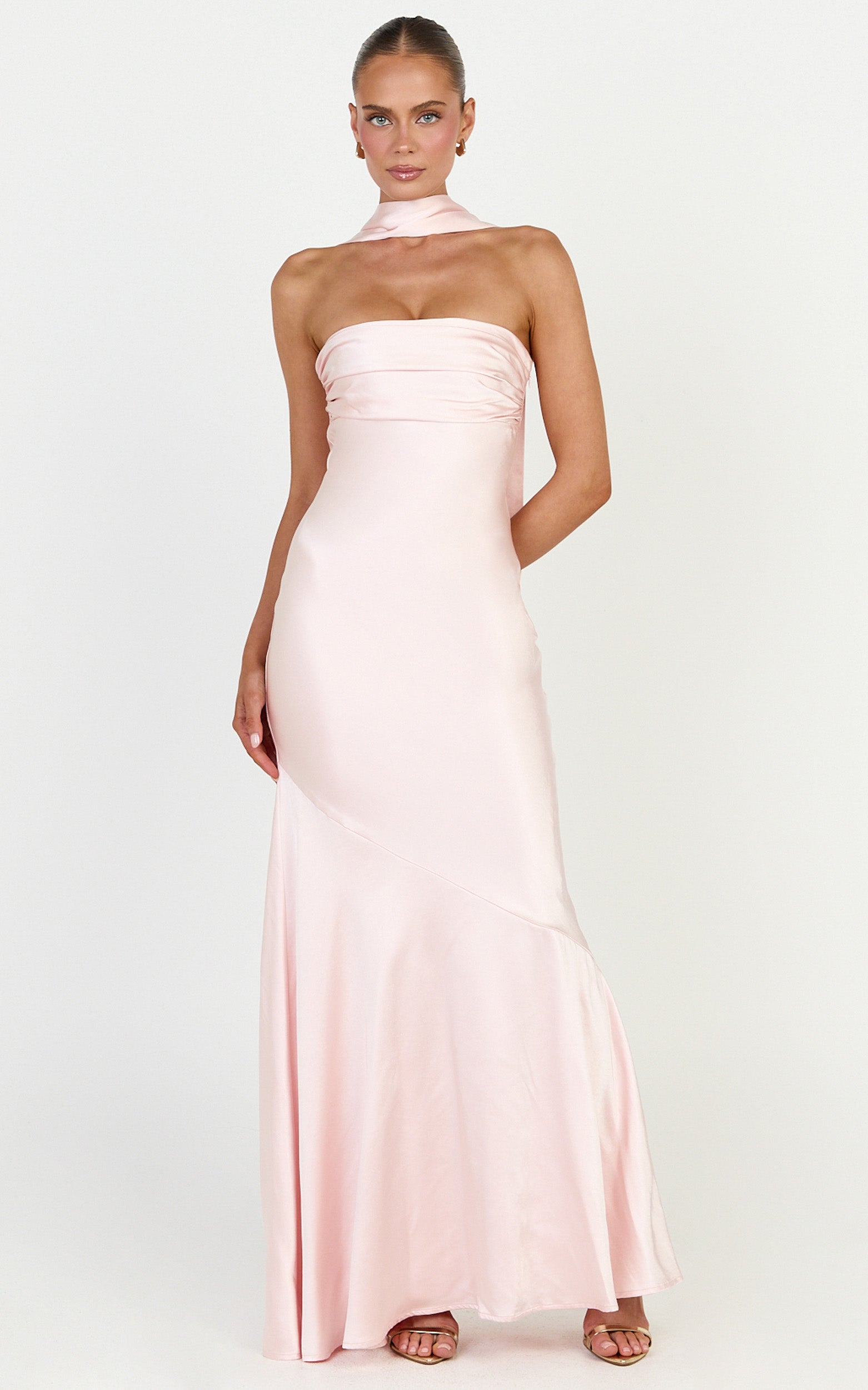Odette Maxi Elbise - Açık Pembe Straplez Slip Elbise ve Boyun Şalı