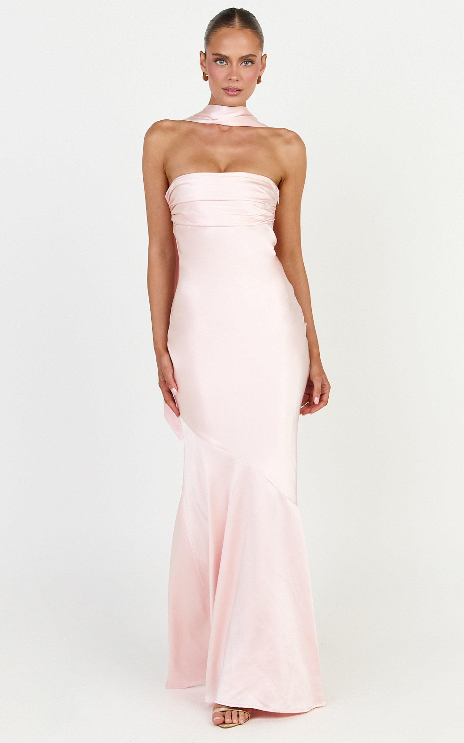 Odette Maxi Elbise - Açık Pembe Straplez Slip Elbise ve Boyun Şalı