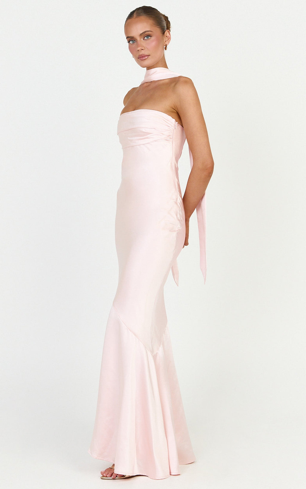 Odette Maxi Elbise - Açık Pembe Straplez Slip Elbise ve Boyun Şalı