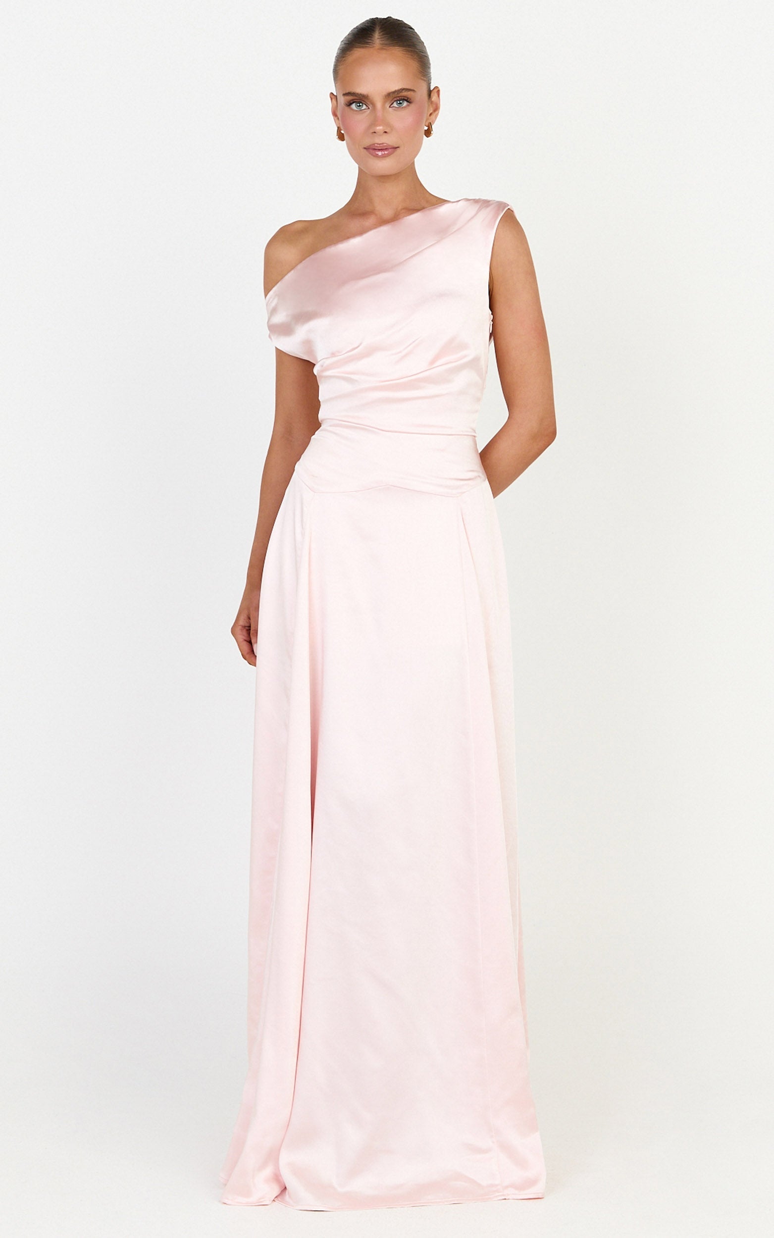 Helena Maxi Elbise - Açık Pembe Omuzları Açık Godet Elbise