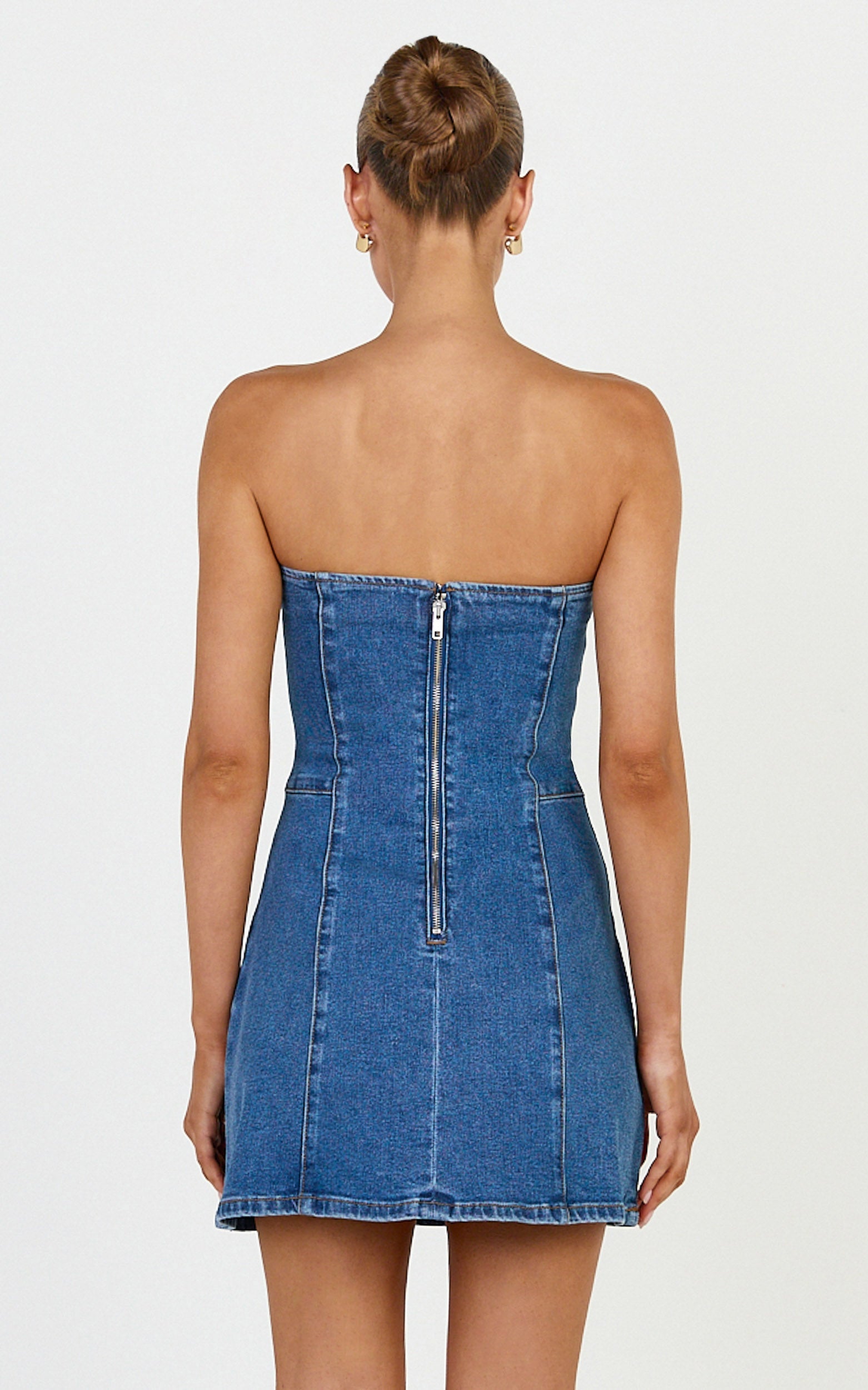 Marigold Mini Elbise - Orta Mavi Yıkamalı Taş İşlemeli Straplez A Kesim Denim Elbise
