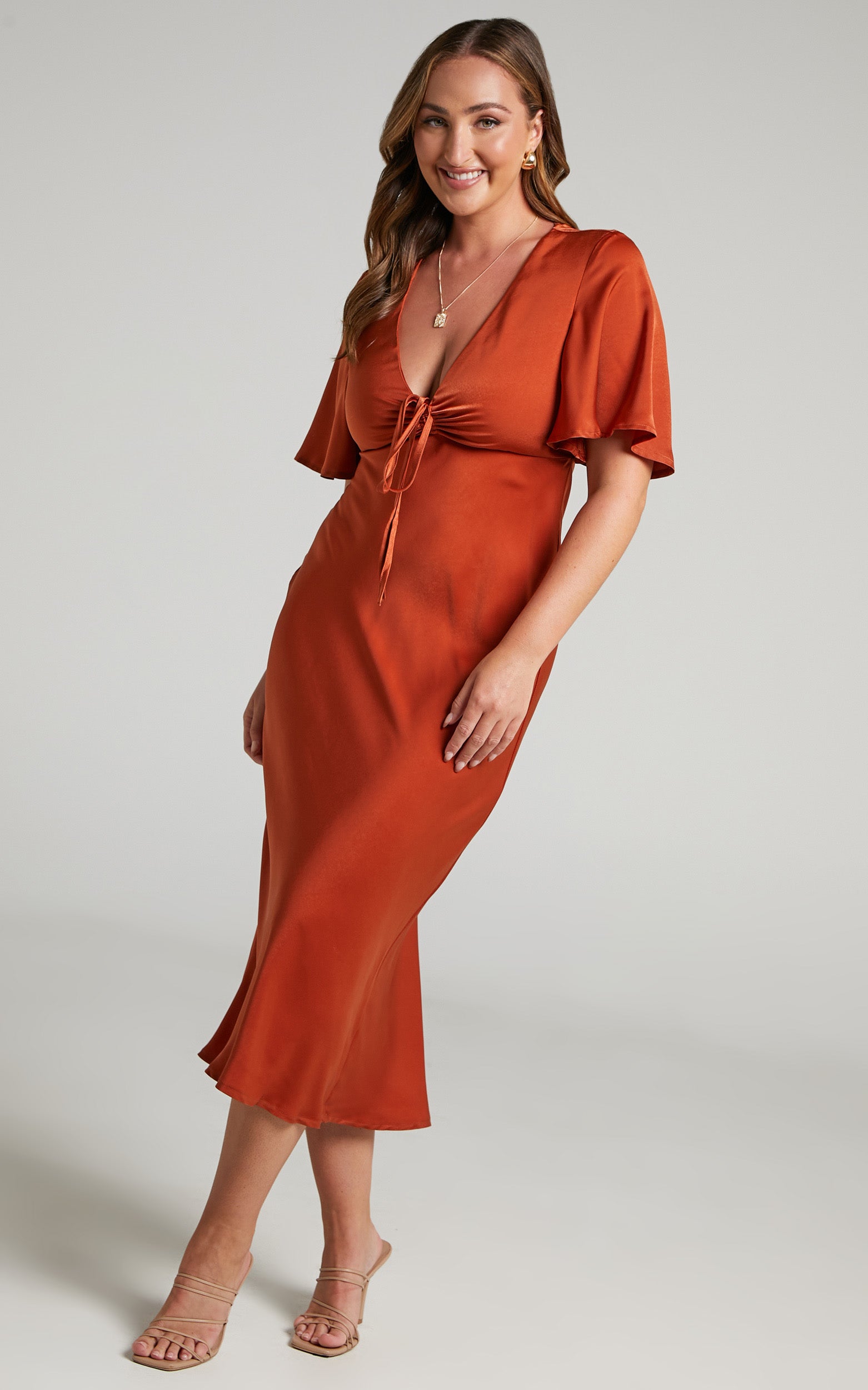 Nicholla Midi Elbise - Bakır Rengi Önü Büzgülü Melek Kollu Slip Elbise