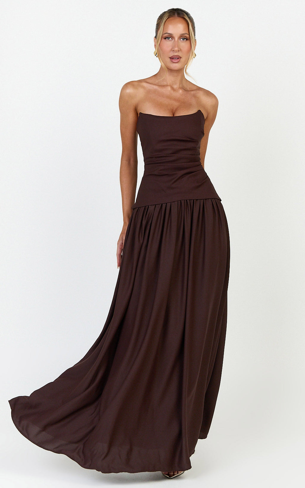 Marlowe Maxi Elbise - Çikolata Straplez Büzgülü Büstlü Fit & Flare Elbise