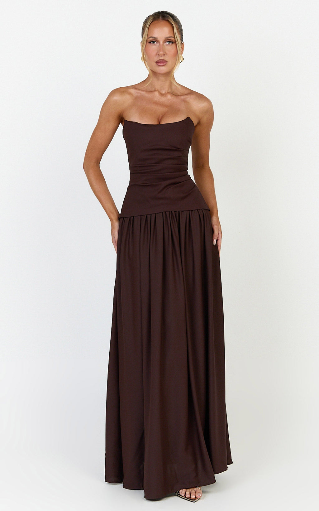 Marlowe Maxi Elbise - Çikolata Straplez Büzgülü Büstlü Fit & Flare Elbise