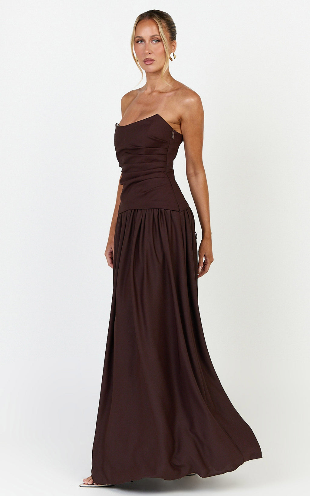 Marlowe Maxi Elbise - Çikolata Straplez Büzgülü Büstlü Fit & Flare Elbise
