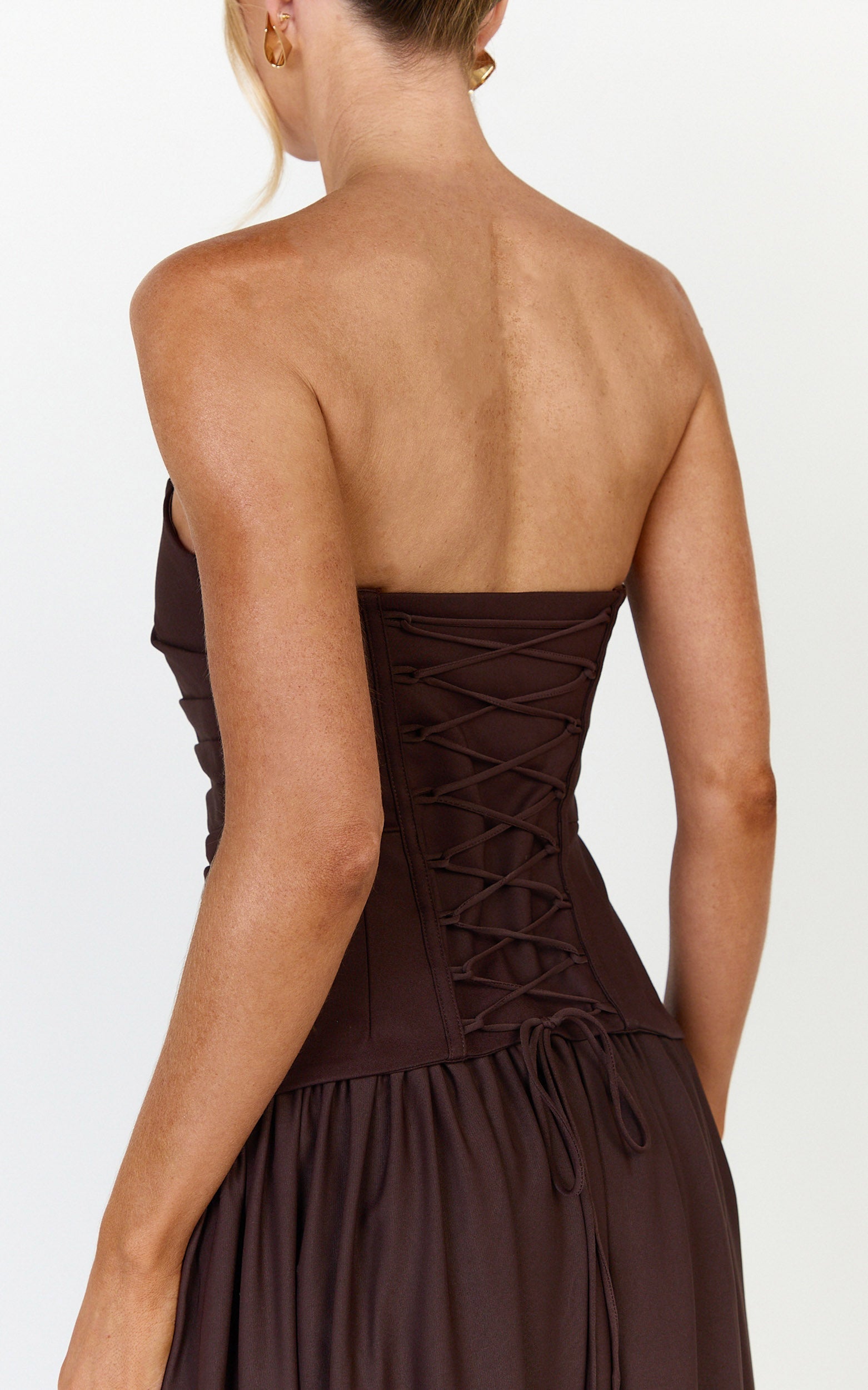 Marlowe Maxi Elbise - Çikolata Straplez Büzgülü Büstlü Fit & Flare Elbise