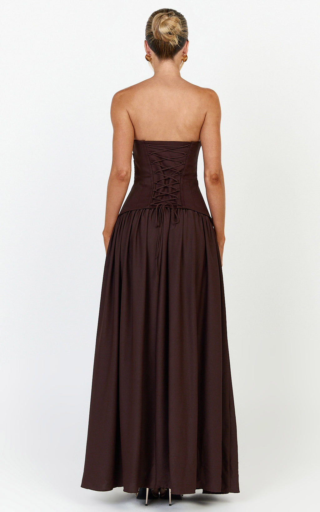 Marlowe Maxi Elbise - Çikolata Straplez Büzgülü Büstlü Fit & Flare Elbise
