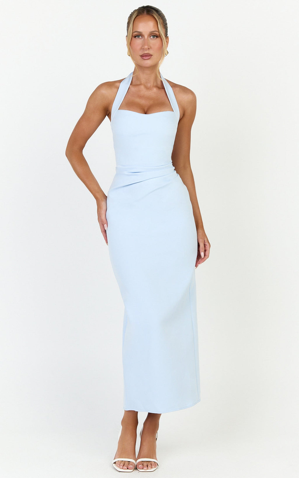 Sandy Maxi Elbise - Açık Mavi Kalp Yaka Boyundan Bağlamalı Elbise