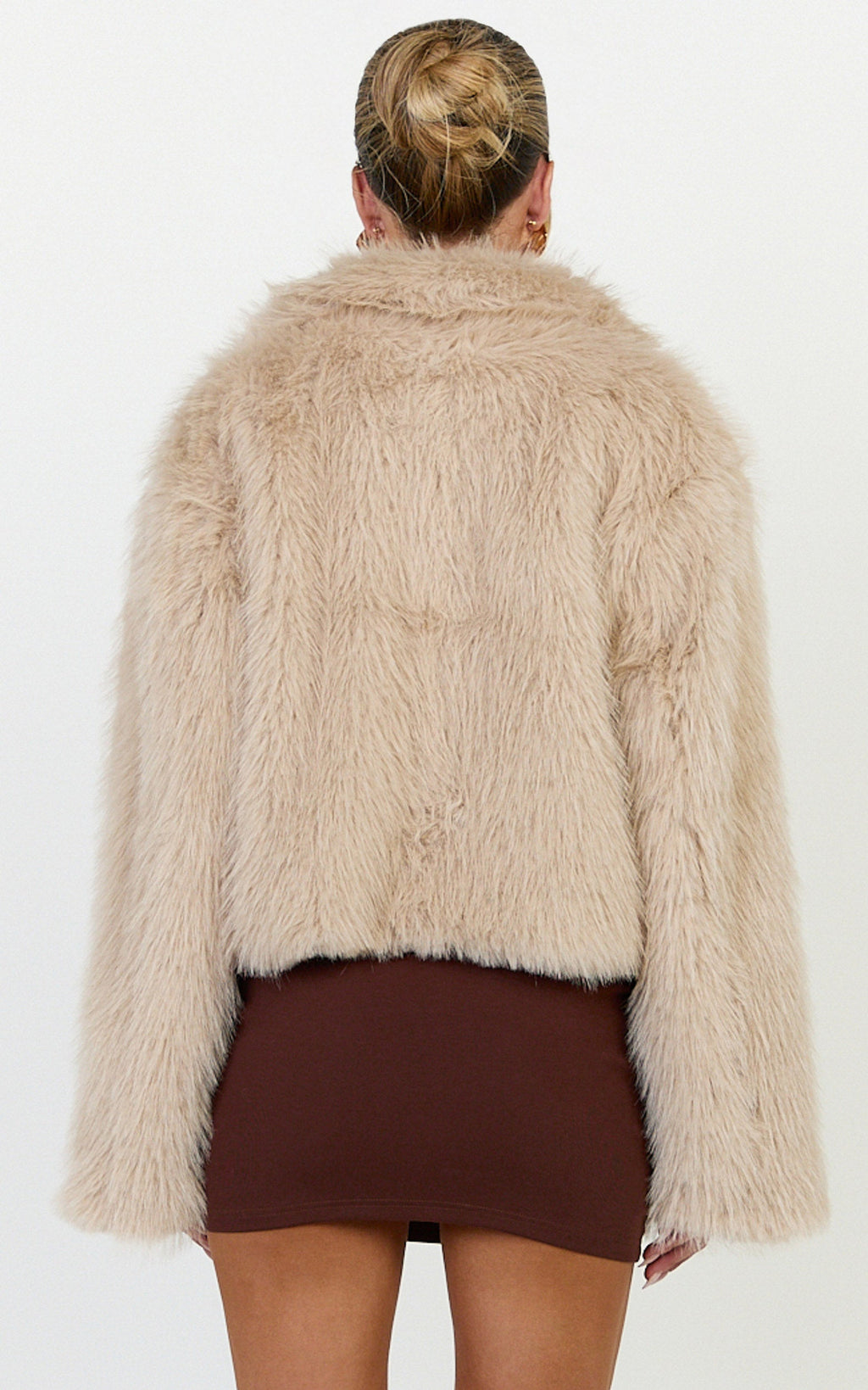Charisse Kaban - Açık Kahverengi Oversize Crop Suni Kürk Kaban