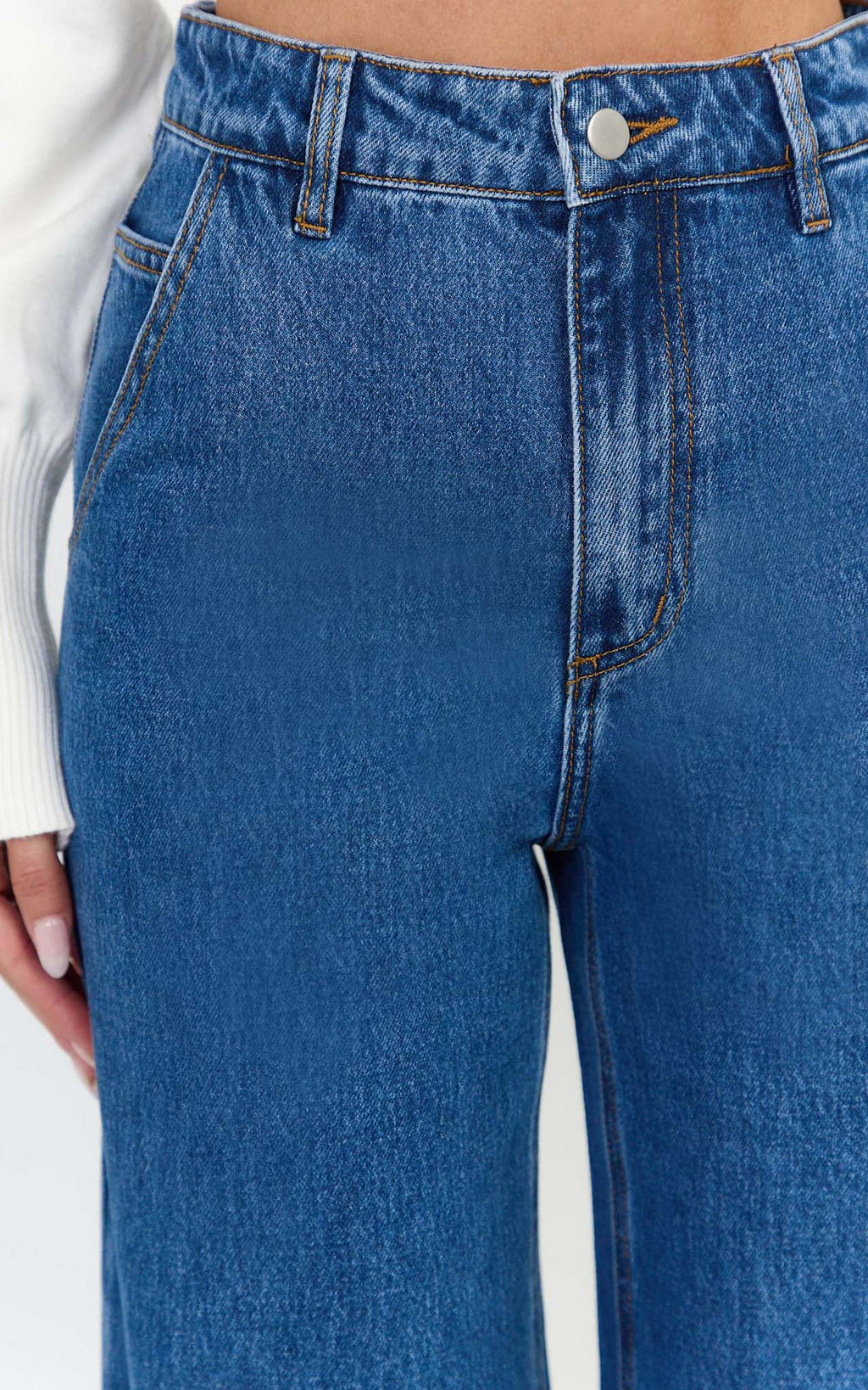 Therese Jean - Koyu Mavi Yıkamalı Yüksek Bel Bol Paça İspanyol Kesim Geri Dönüştürülmüş Denim Jean