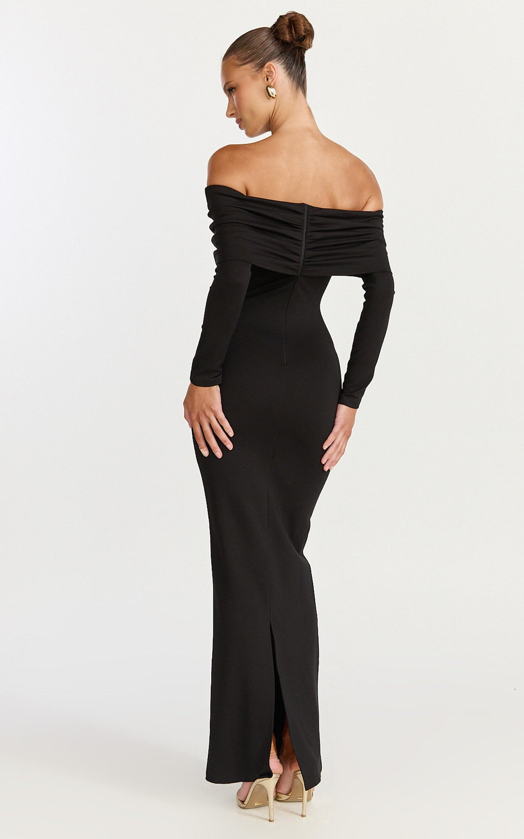 Rani Maxi Elbise - Siyah Omuzları Açık Uzun Kollu Bodycon Elbise