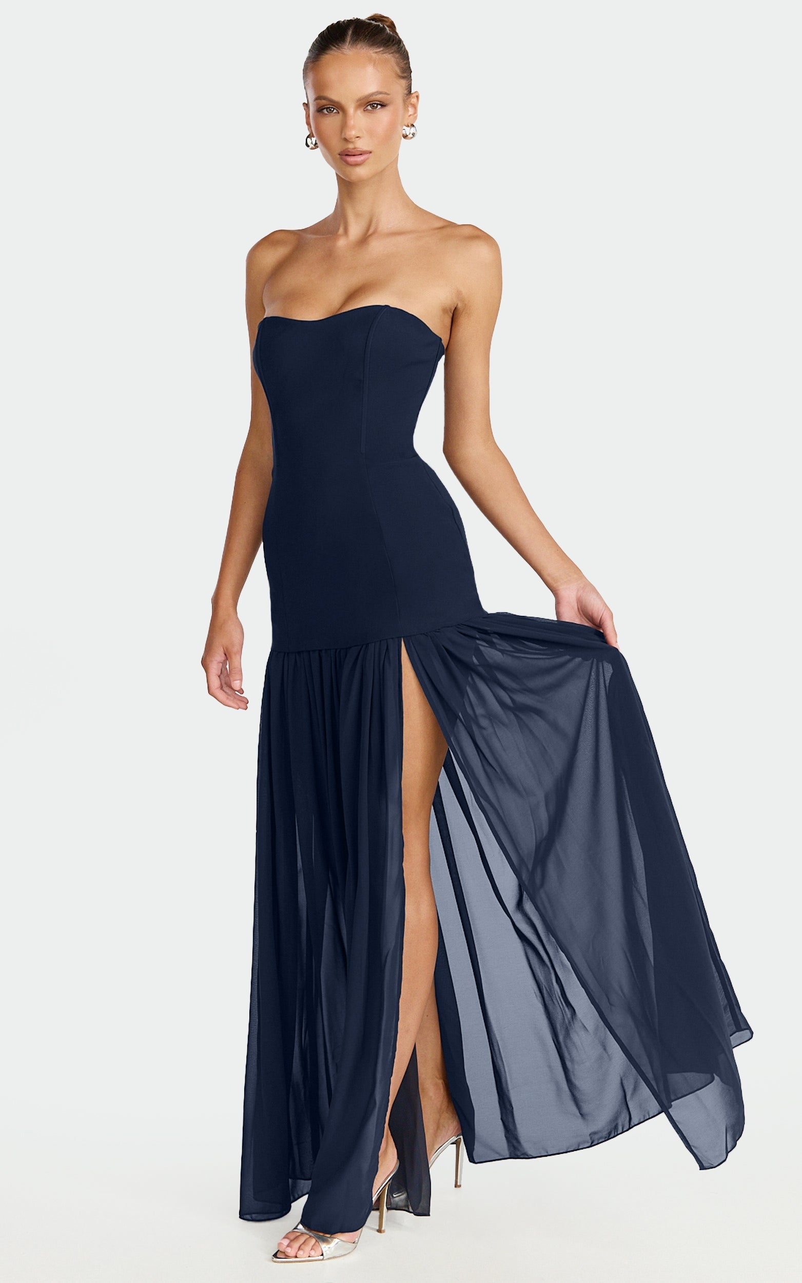 Jocelyn Maxi Elbise - Lacivert Straplez Büzgülü Fit & Flare Elbise