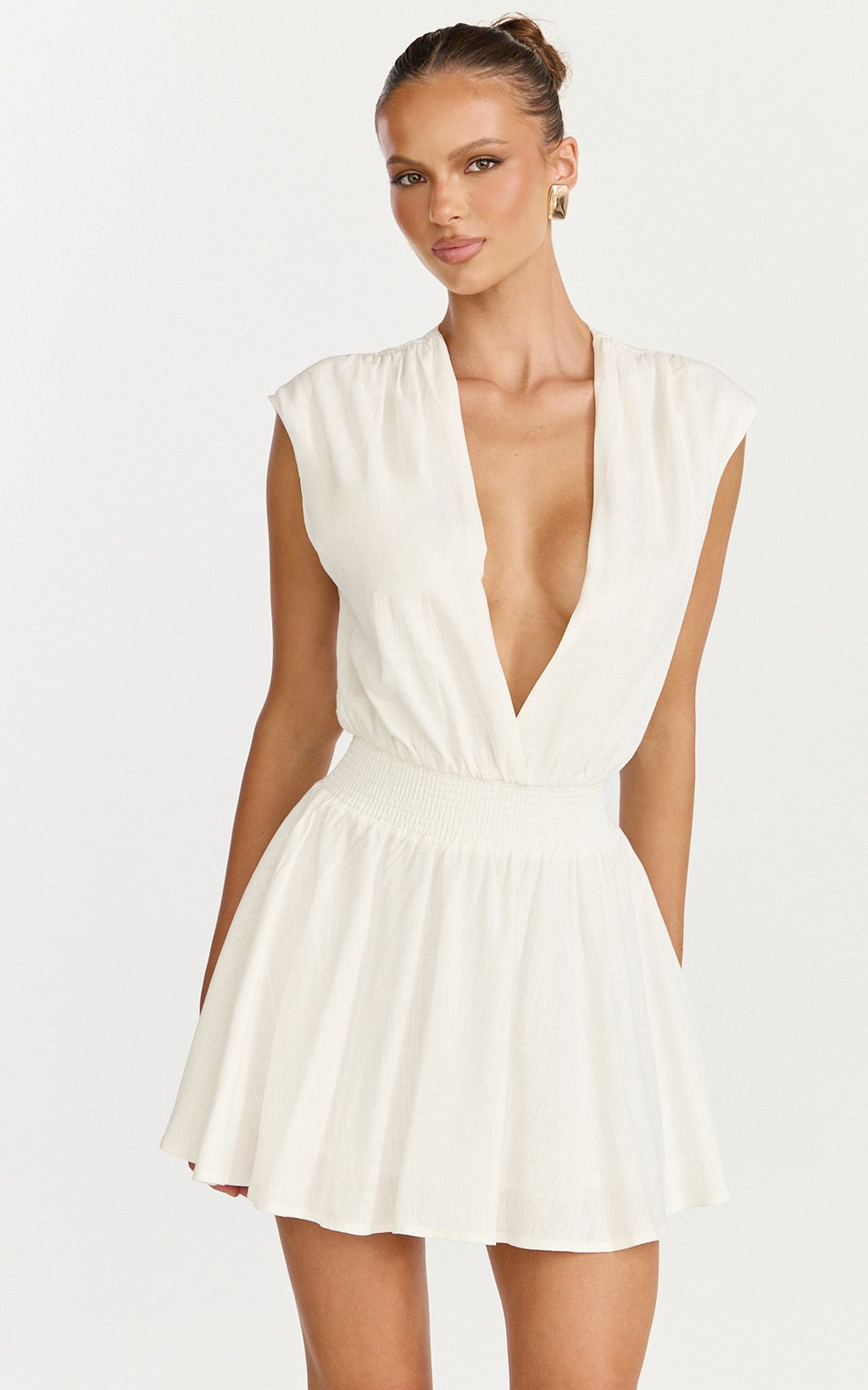 Luisa Mini Elbise - Kırık Beyaz Derin Yaka Keten Karışımlı Fit & Flare Elbise