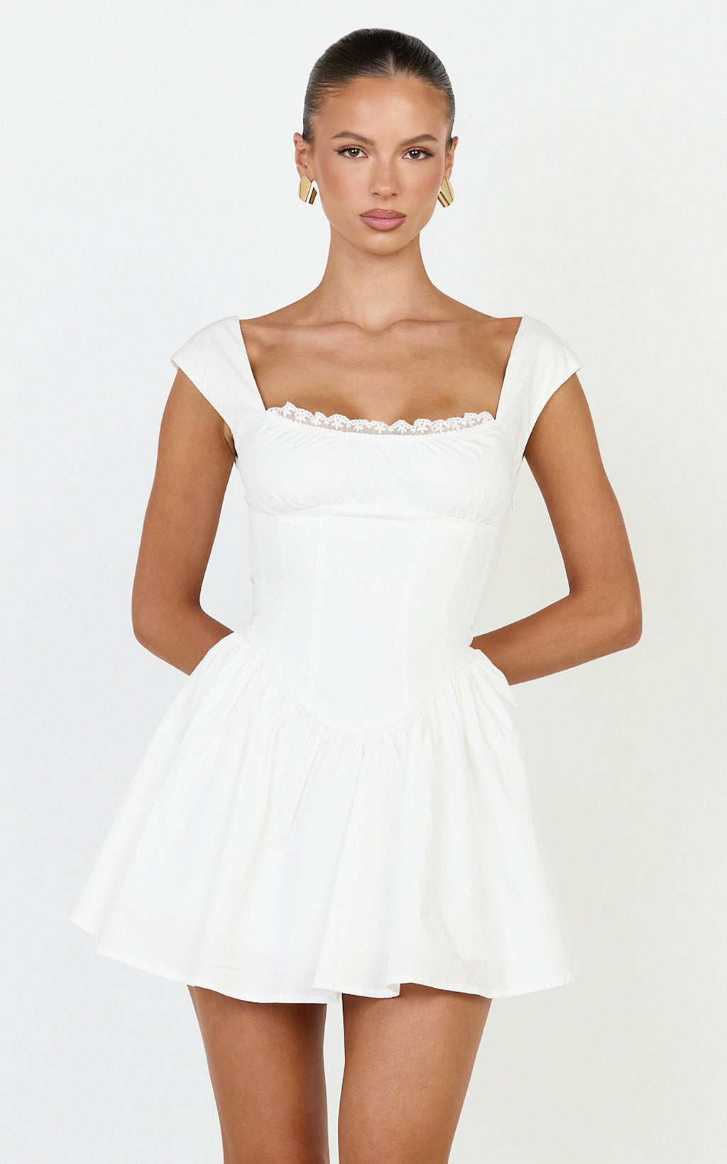 Clementine Mini Elbise - Kırık Beyaz Kısa Kollu Dantel Biyeli Fit & Flare Elbise