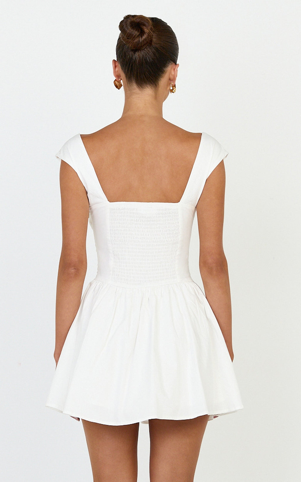 Clementine Mini Elbise - Kırık Beyaz Kısa Kollu Dantel Biyeli Fit & Flare Elbise