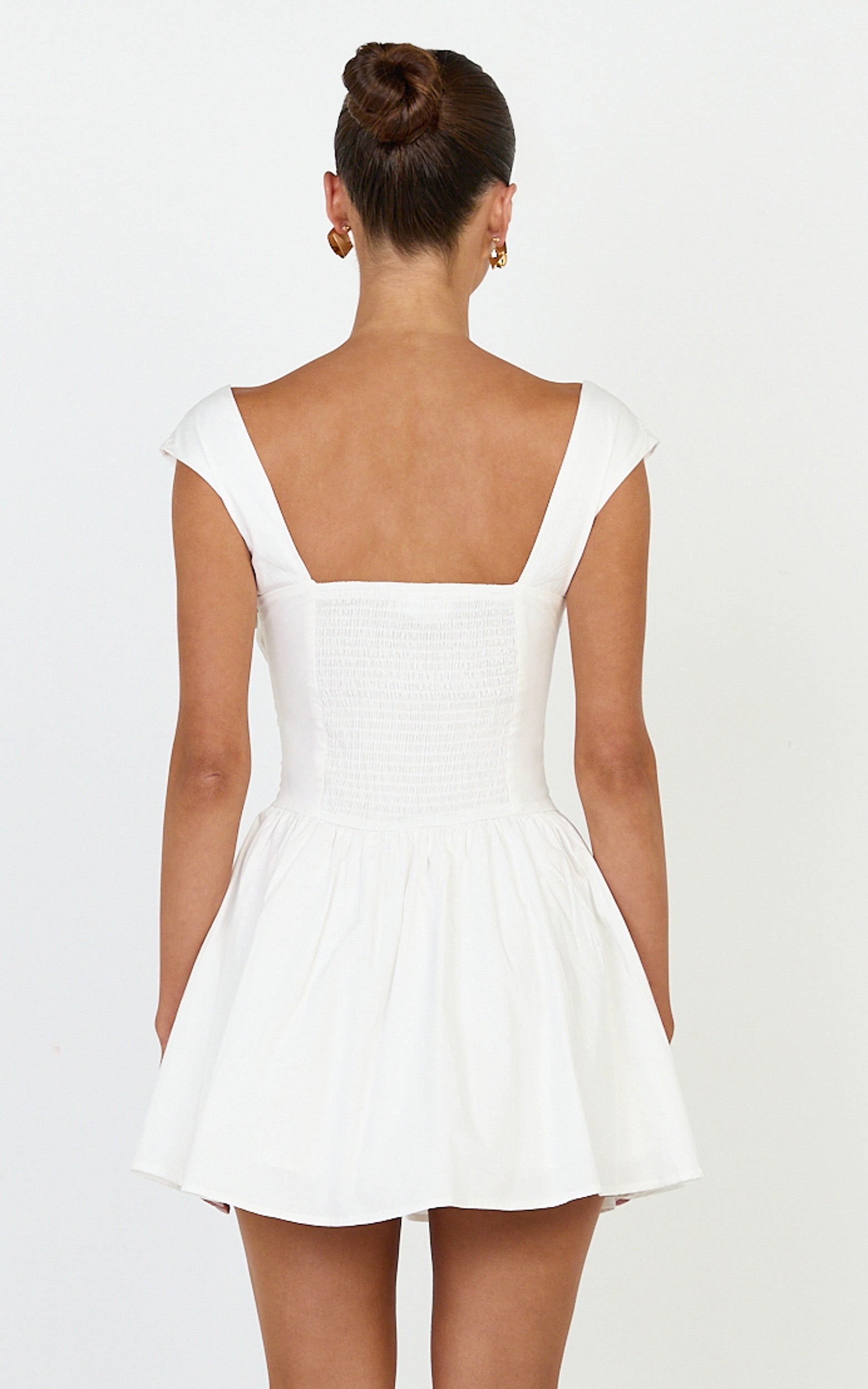 Clementine Mini Elbise - Kırık Beyaz Kısa Kollu Dantel Biyeli Fit & Flare Elbise