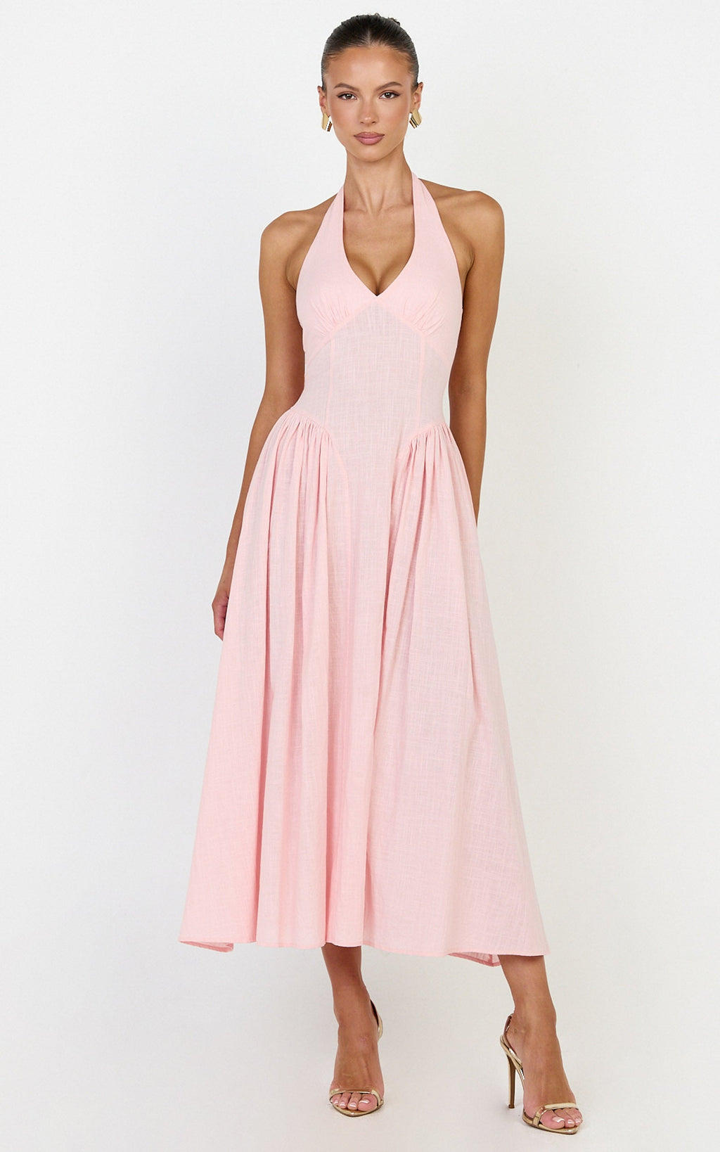Athena Midi Elbise - Pembe Boyundan Bağlamalı Düşük Belli Elbise