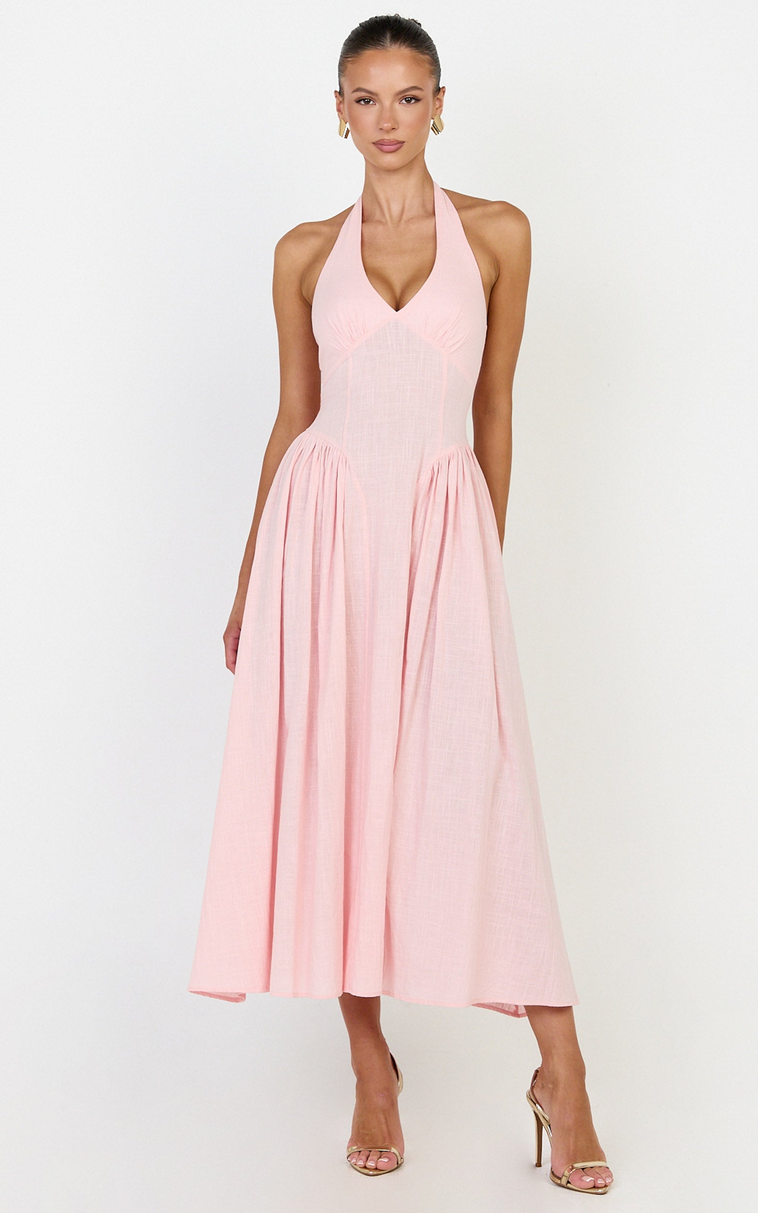 Athena Midi Elbise - Pembe Boyundan Bağlamalı Düşük Belli Elbise