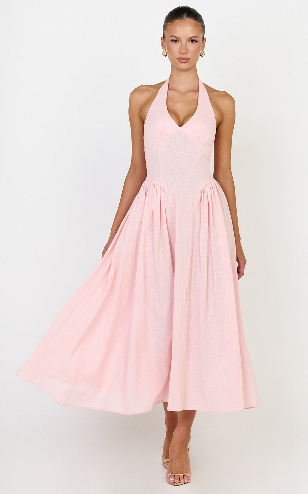 Athena Midi Elbise - Pembe Boyundan Bağlamalı Düşük Belli Elbise