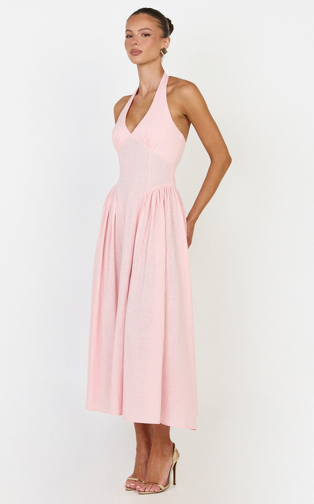 Athena Midi Elbise - Pembe Boyundan Bağlamalı Düşük Belli Elbise
