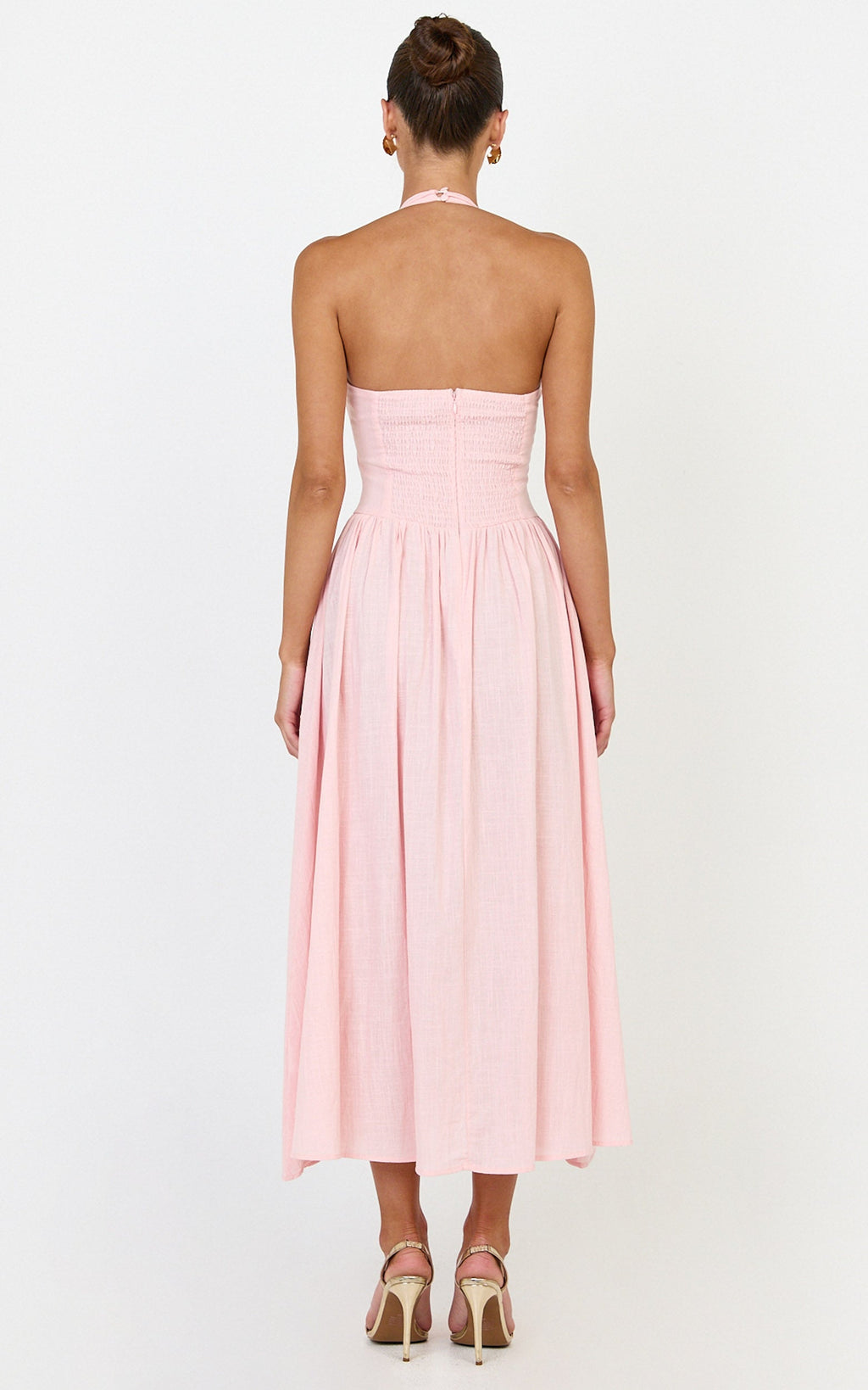 Athena Midi Elbise - Pembe Boyundan Bağlamalı Düşük Belli Elbise