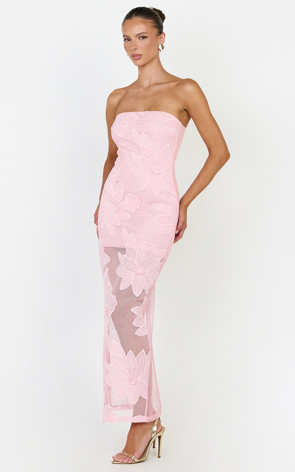 Sienna Midi Elbise - Pembe Straplez Çiçek Nakışlı Vücuda Oturan Elbise