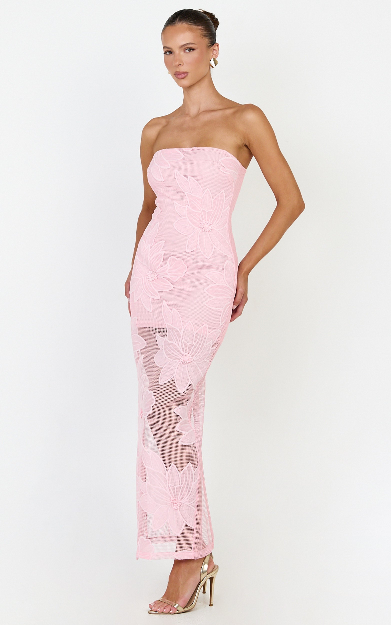 Sienna Midi Elbise - Pembe Straplez Çiçek Nakışlı Vücuda Oturan Elbise