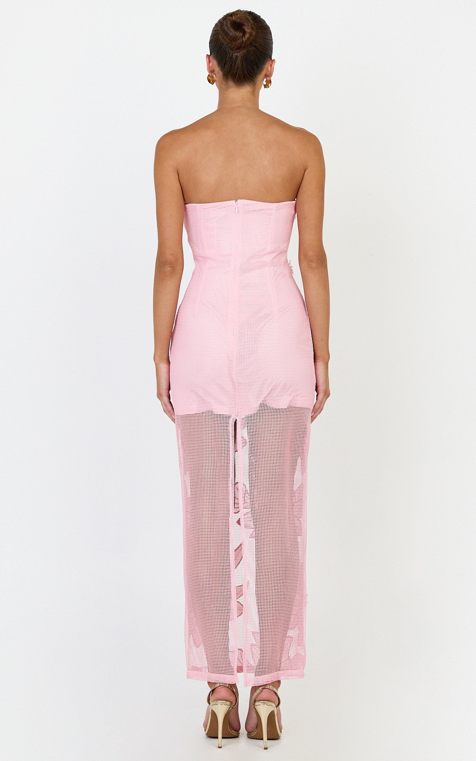 Sienna Midi Elbise - Pembe Straplez Çiçek Nakışlı Vücuda Oturan Elbise