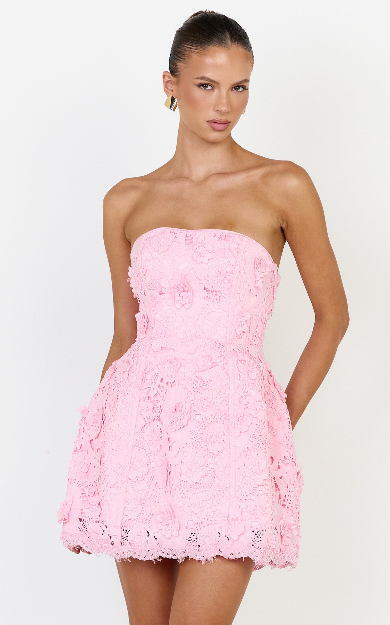 Maristella Mini Elbise - Pembe Straplez Arkası Bağcıklı A Kesim Elbise