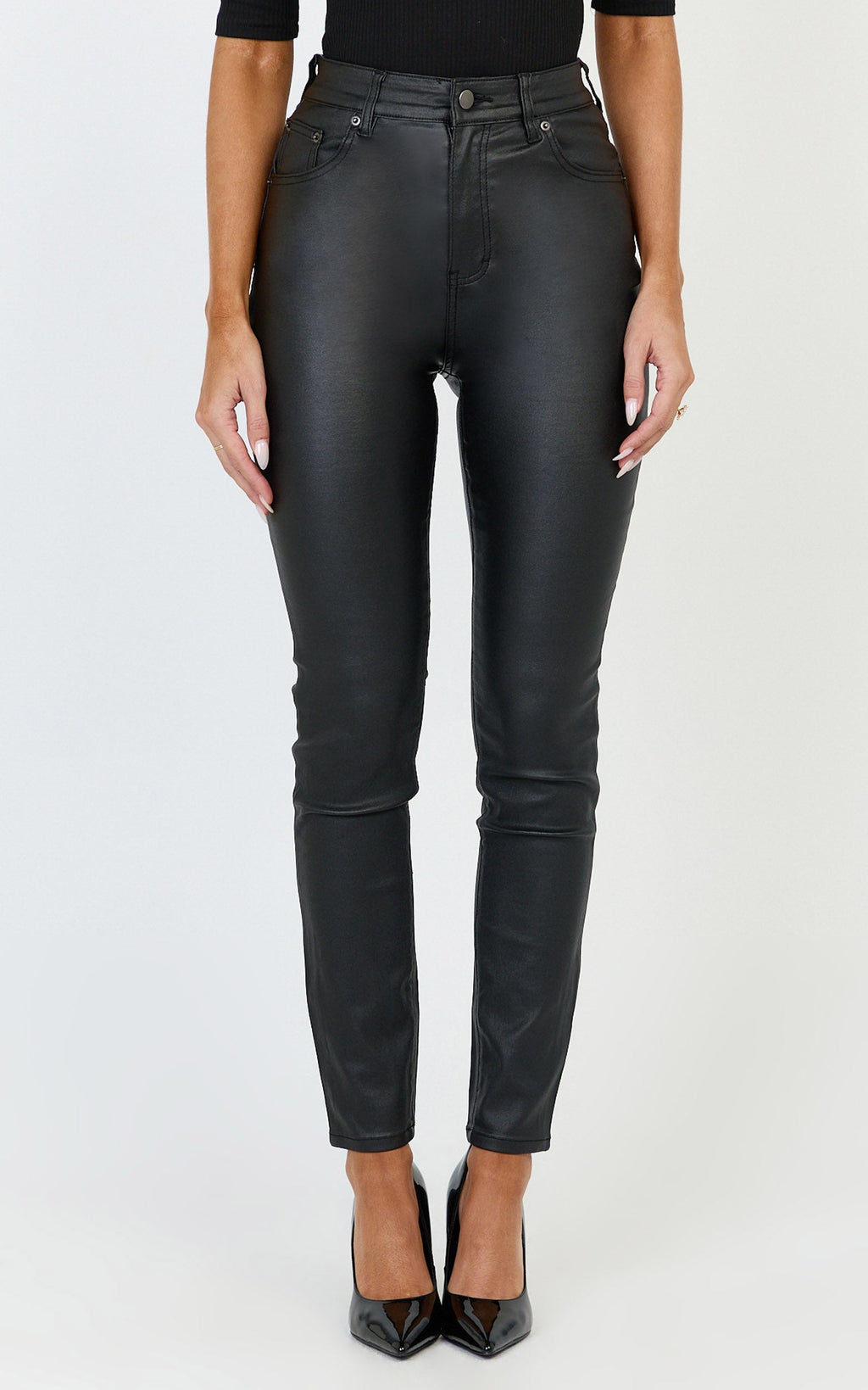 Whinnie Jean - Siyah Yüksek Bel Dar Kesim Kaplamalı Denim Jean